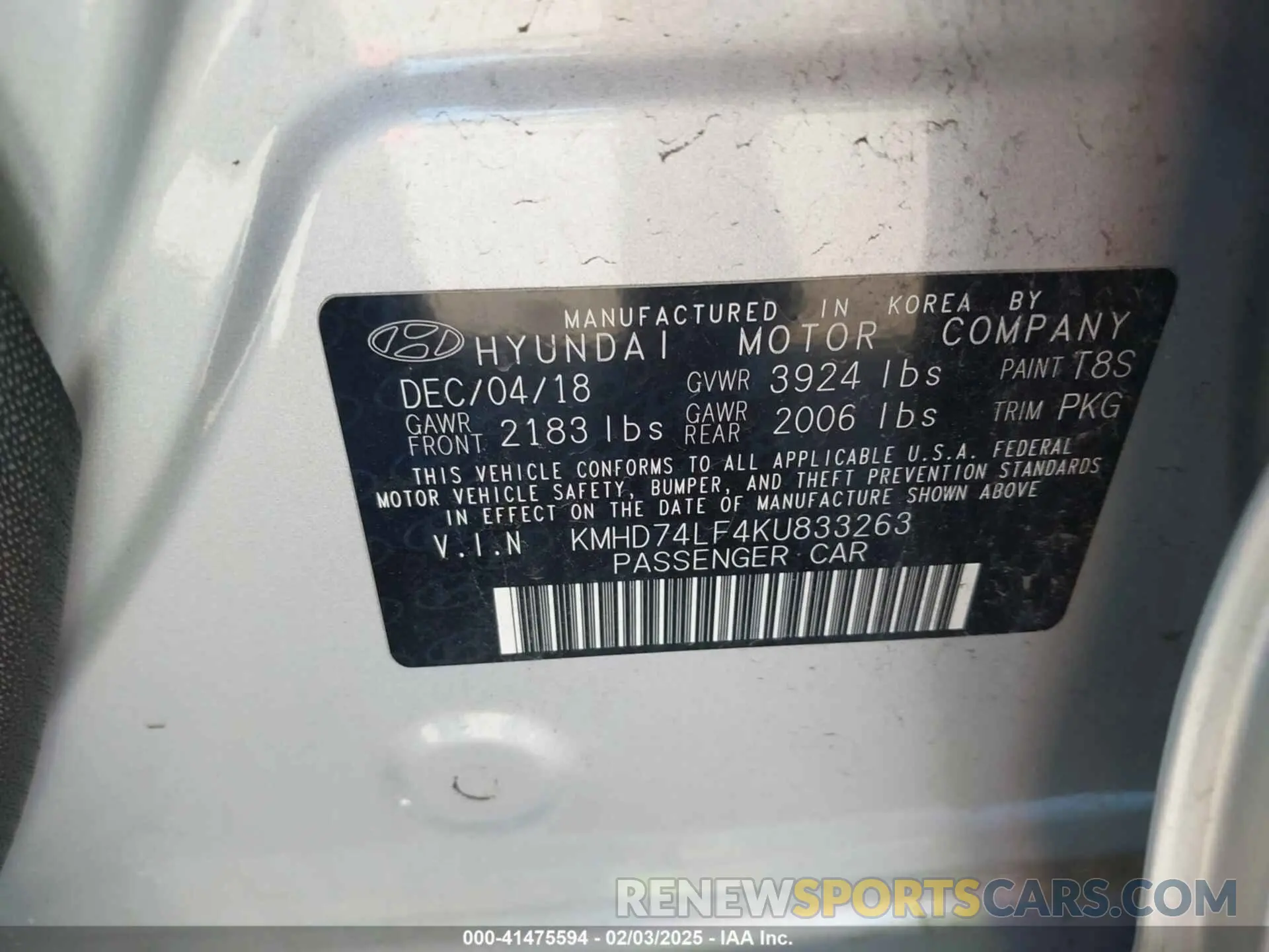 9 Photograph of a damaged car KMHD74LF4KU833263 HYUNDAI ELANTRA 2019
