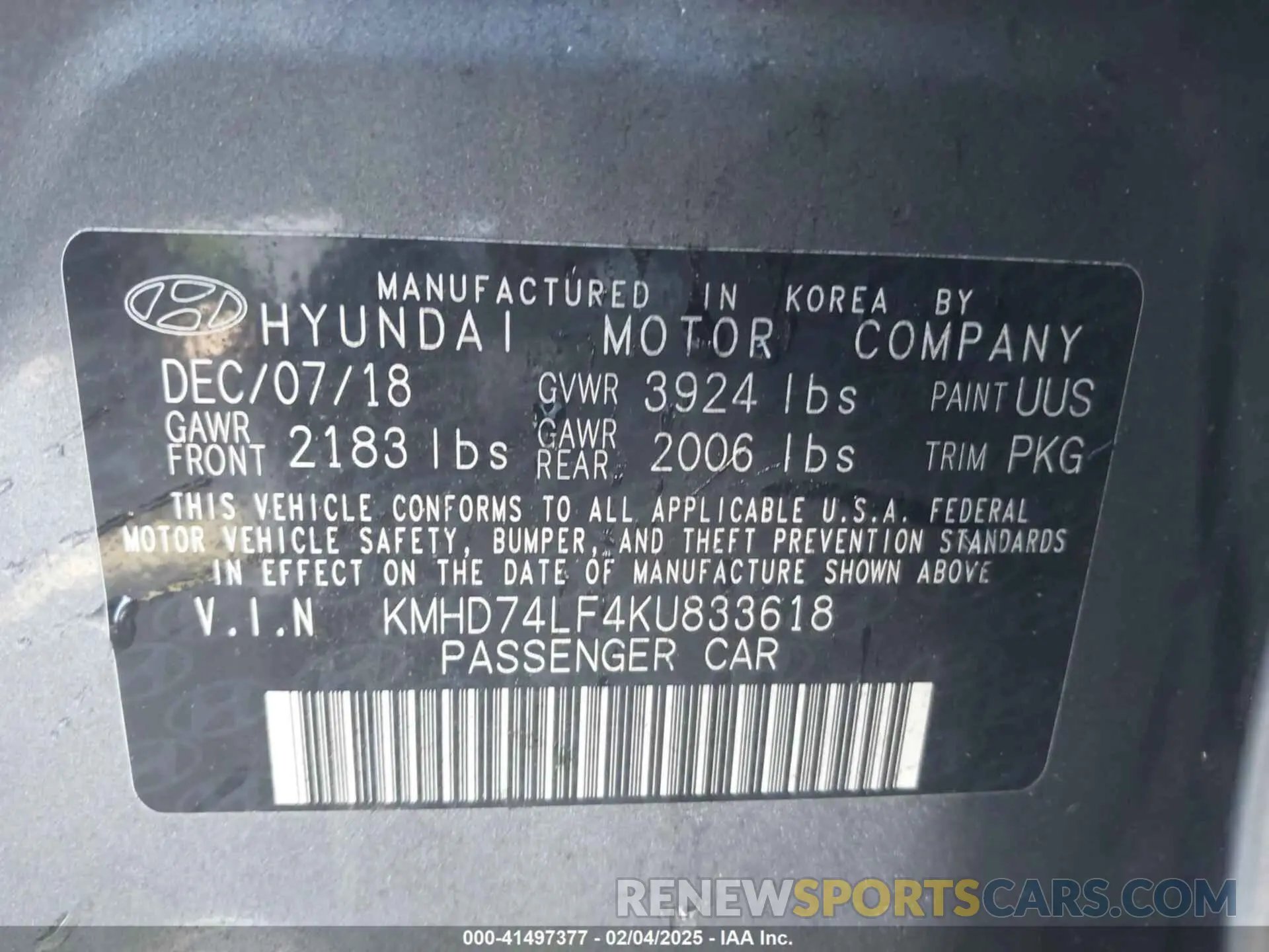 9 Photograph of a damaged car KMHD74LF4KU833618 HYUNDAI ELANTRA 2019