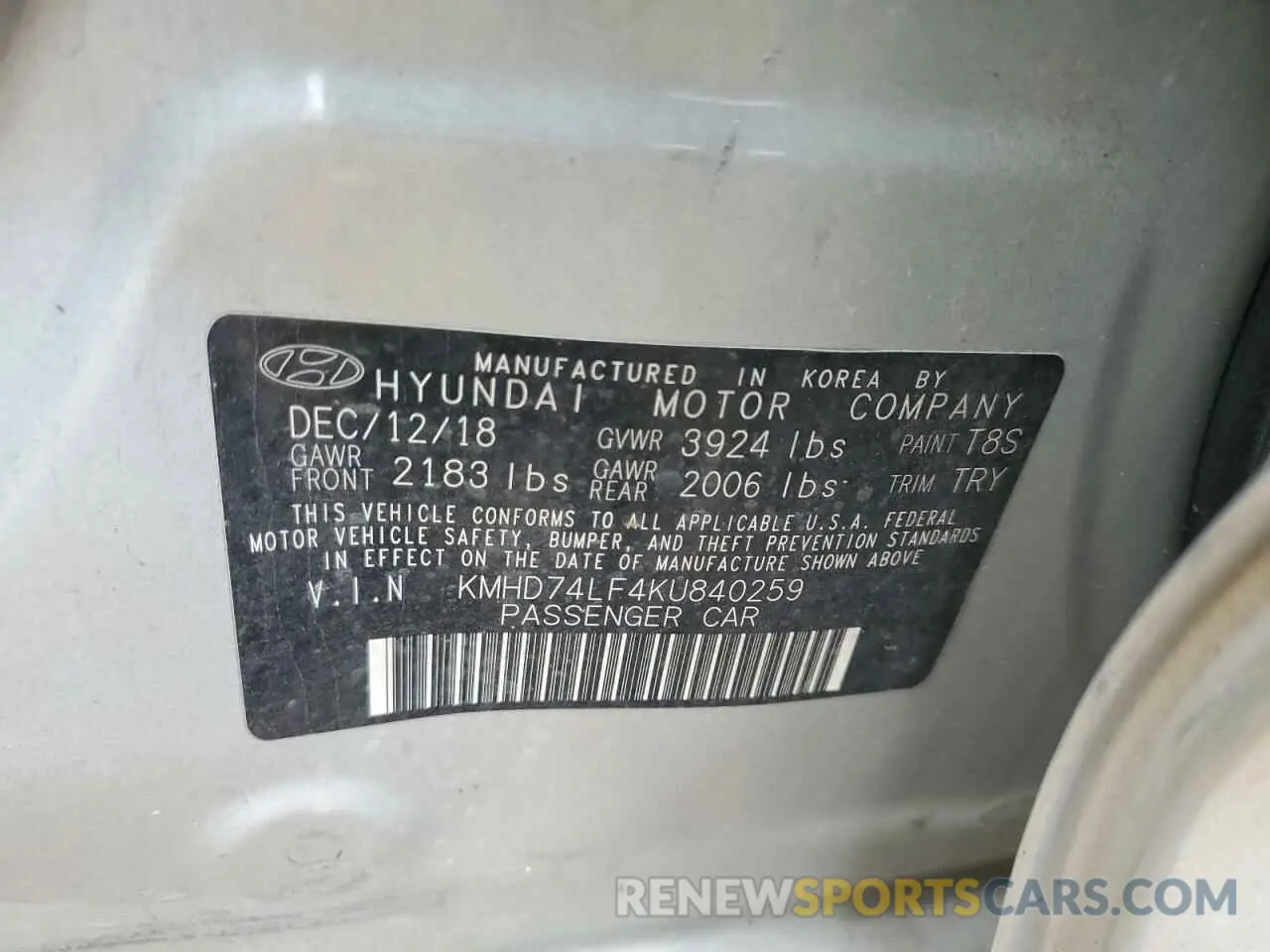 12 Photograph of a damaged car KMHD74LF4KU840259 HYUNDAI ELANTRA 2019