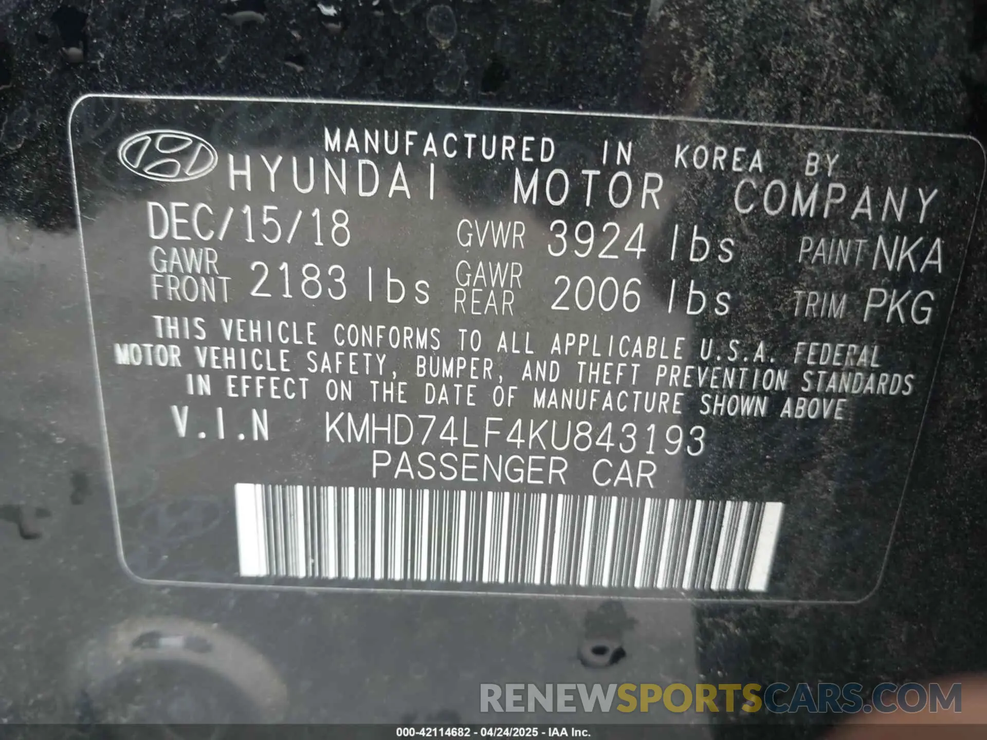 9 Photograph of a damaged car KMHD74LF4KU843193 HYUNDAI ELANTRA 2019