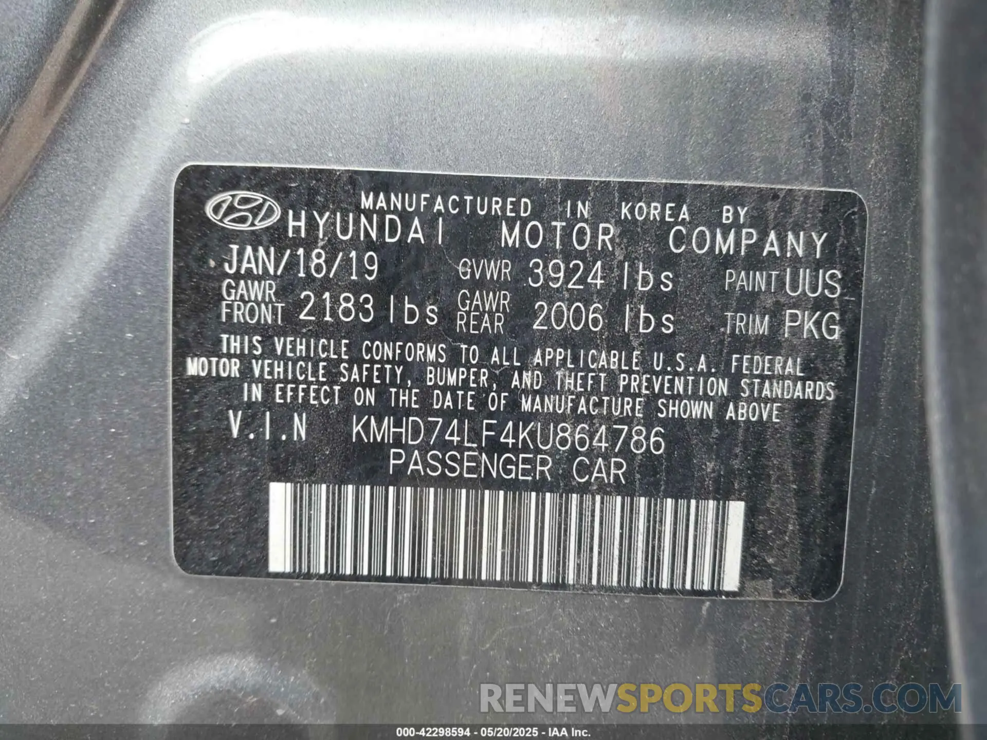 9 Photograph of a damaged car KMHD74LF4KU864786 HYUNDAI ELANTRA 2019