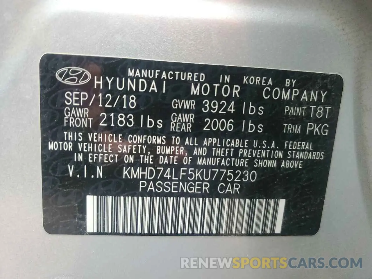 12 Photograph of a damaged car KMHD74LF5KU775230 HYUNDAI ELANTRA 2019
