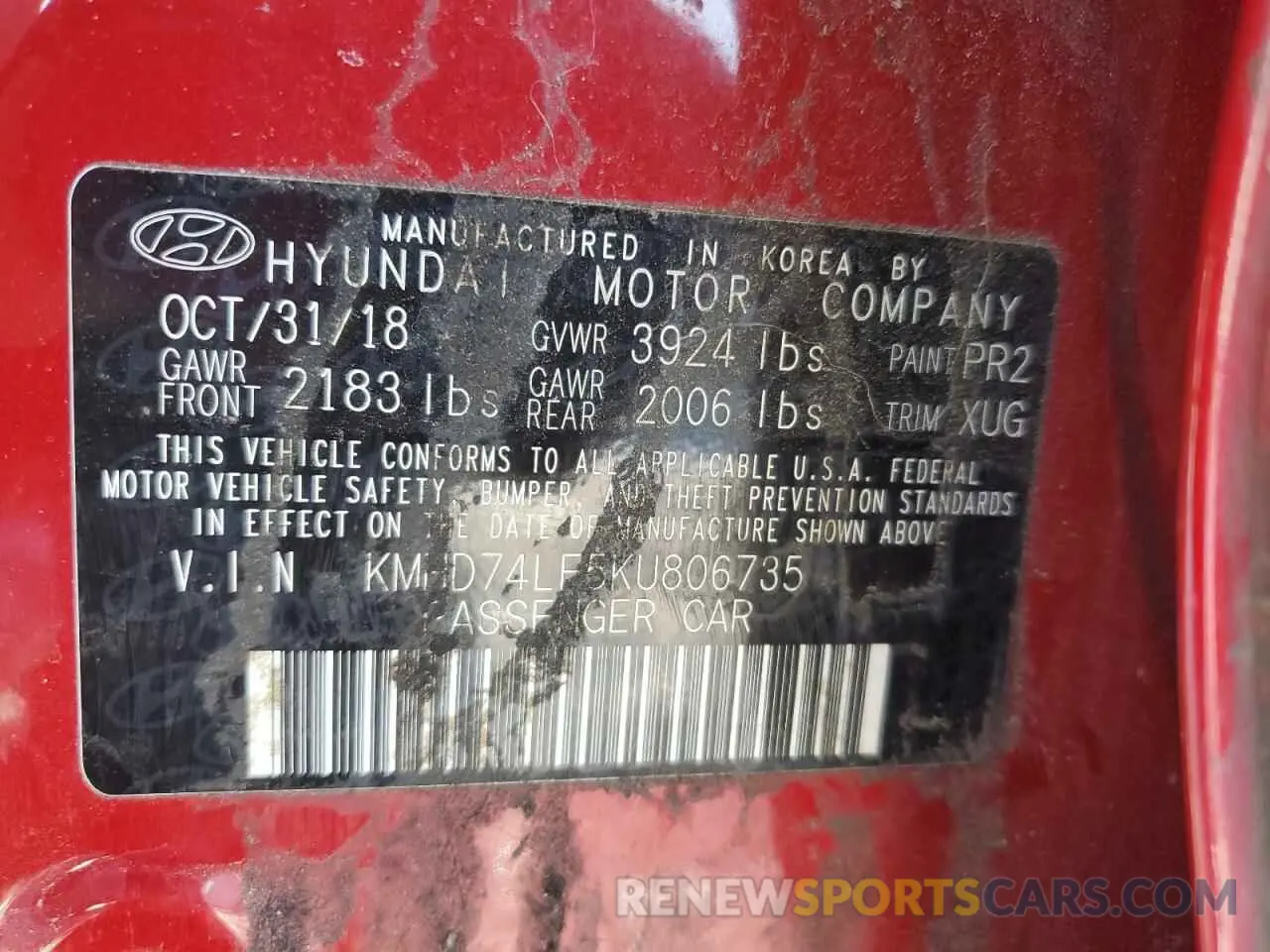 12 Photograph of a damaged car KMHD74LF5KU806735 HYUNDAI ELANTRA 2019