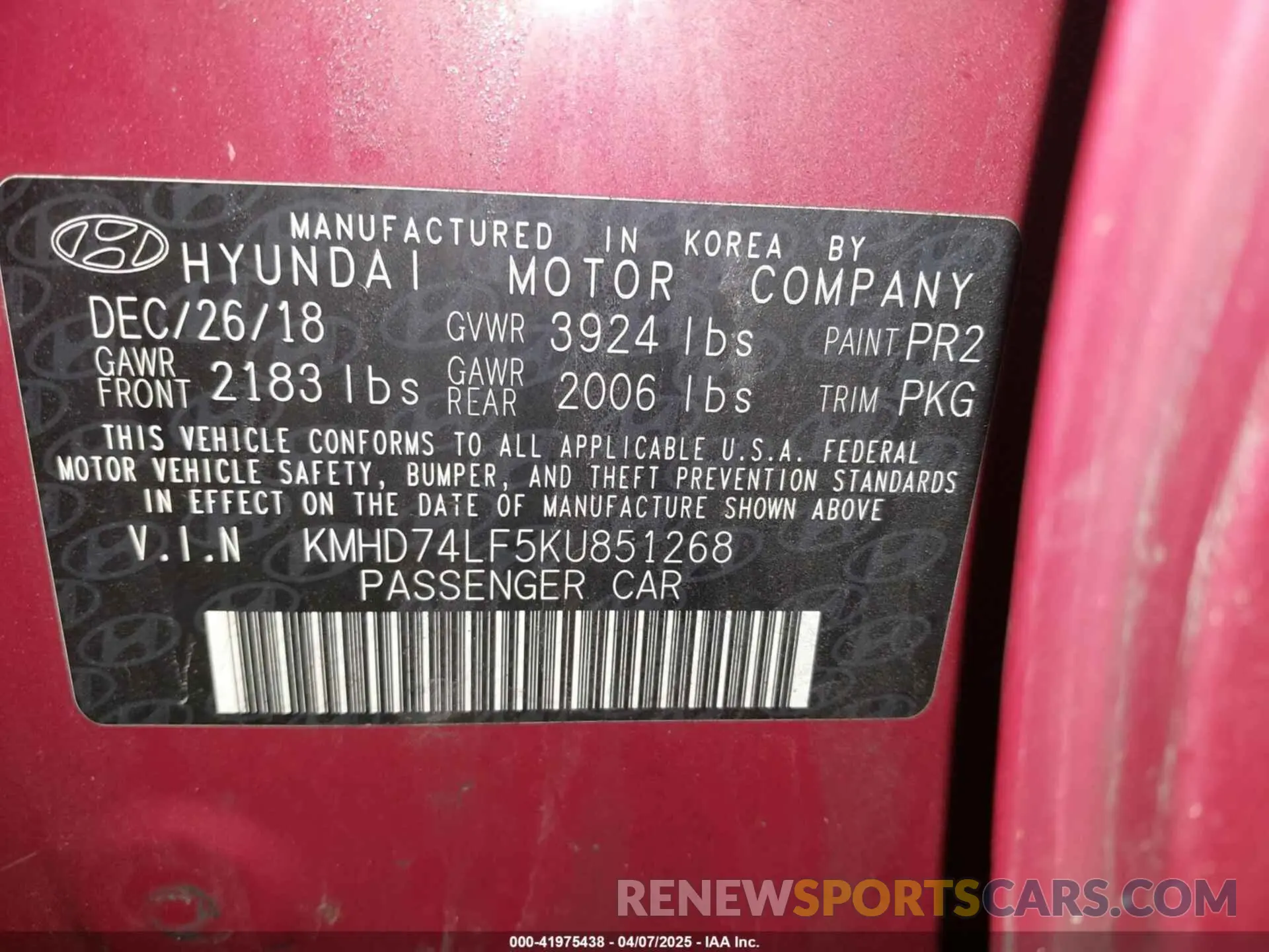 9 Photograph of a damaged car KMHD74LF5KU851268 HYUNDAI ELANTRA 2019
