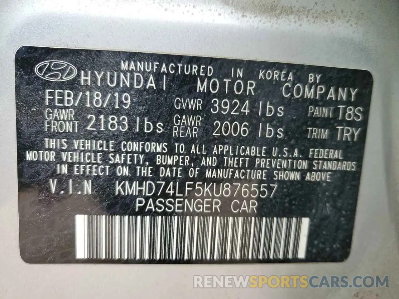 12 Photograph of a damaged car KMHD74LF5KU876557 HYUNDAI ELANTRA 2019