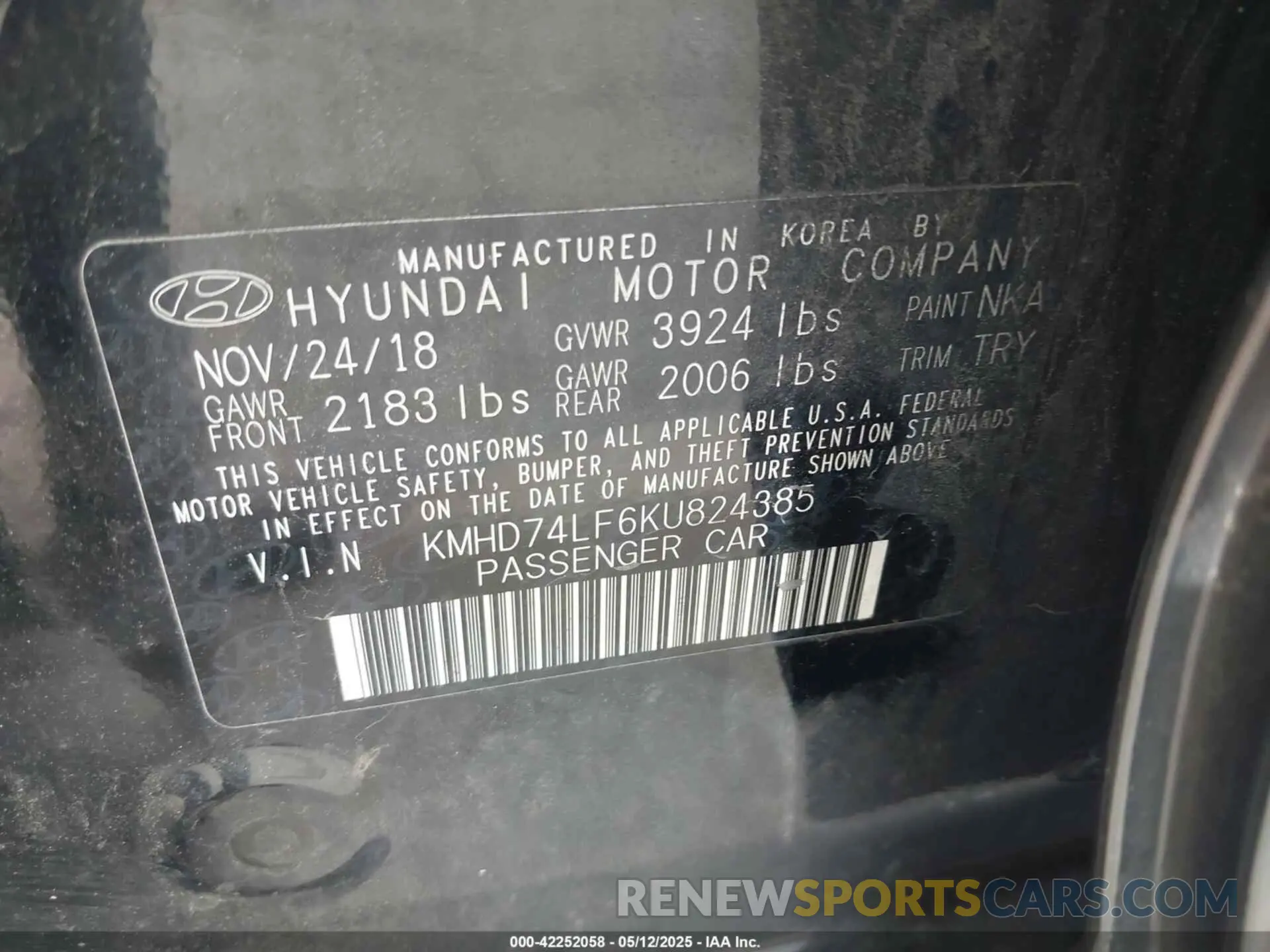 9 Photograph of a damaged car KMHD74LF6KU824385 HYUNDAI ELANTRA 2019