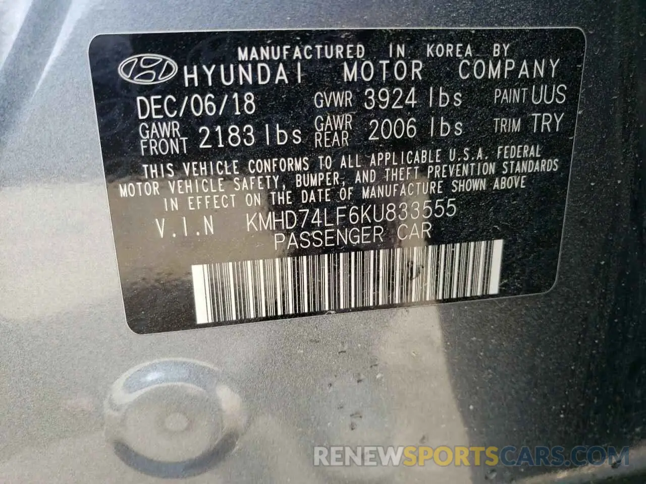 13 Photograph of a damaged car KMHD74LF6KU833555 HYUNDAI ELANTRA 2019