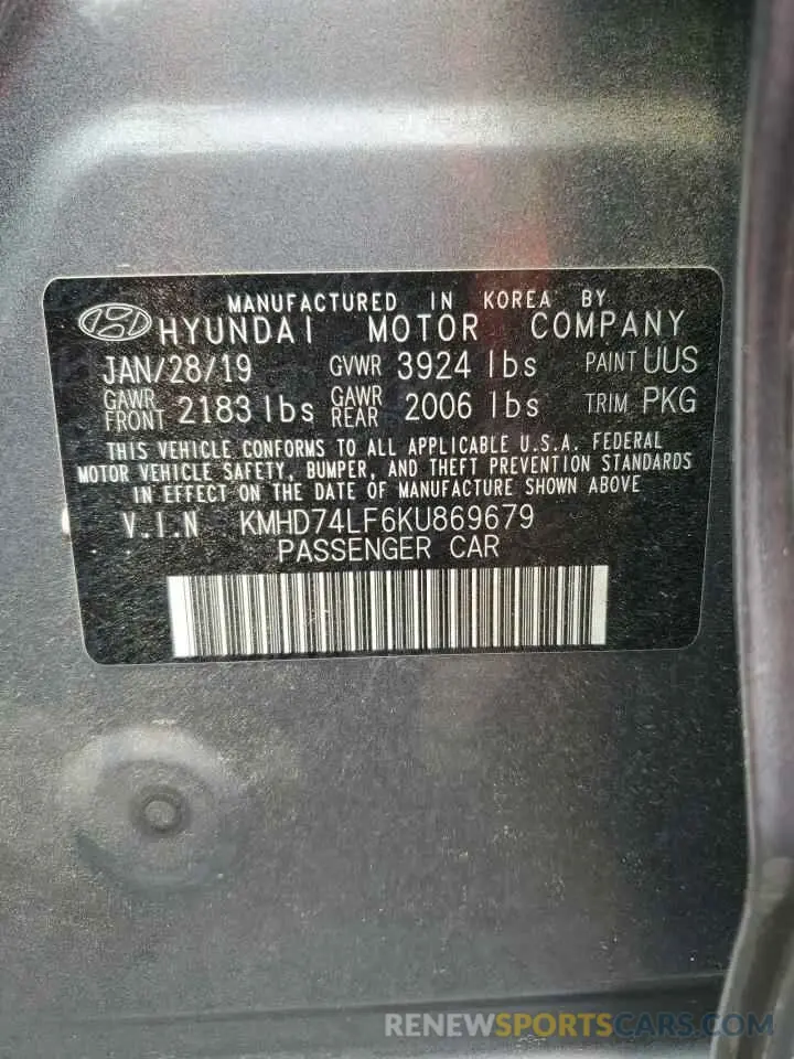 12 Photograph of a damaged car KMHD74LF6KU869679 HYUNDAI ELANTRA 2019