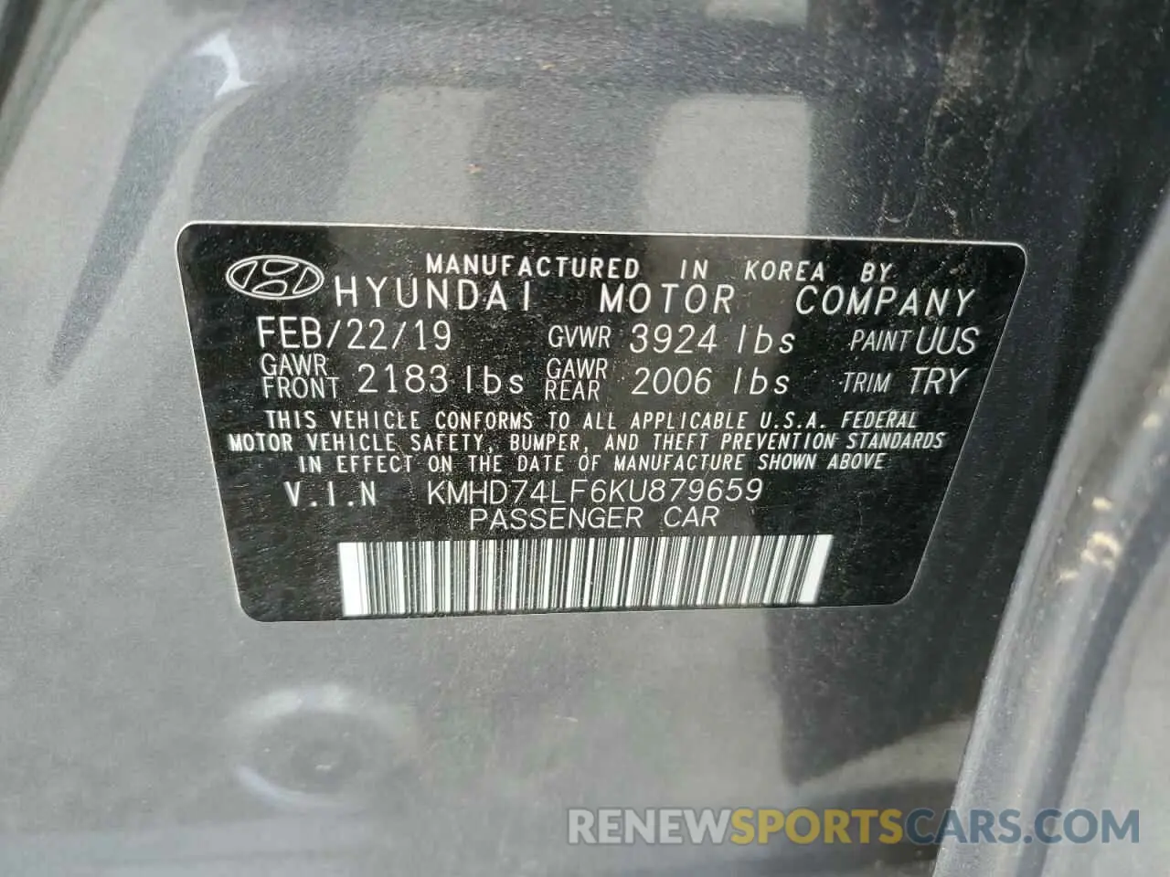 12 Photograph of a damaged car KMHD74LF6KU879659 HYUNDAI ELANTRA 2019