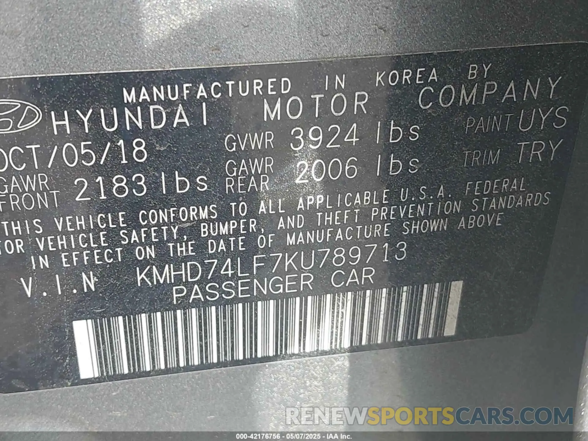 9 Photograph of a damaged car KMHD74LF7KU789713 HYUNDAI ELANTRA 2019