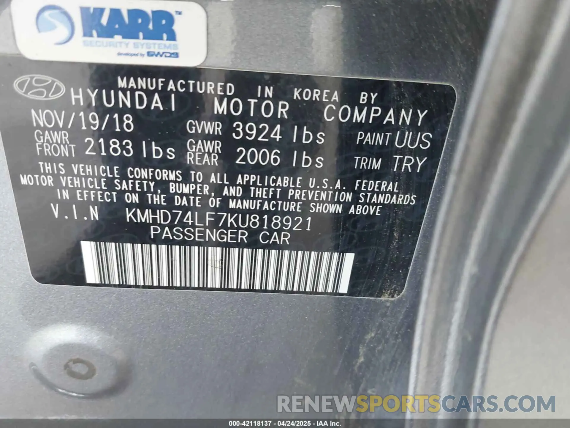 9 Photograph of a damaged car KMHD74LF7KU818921 HYUNDAI ELANTRA 2019