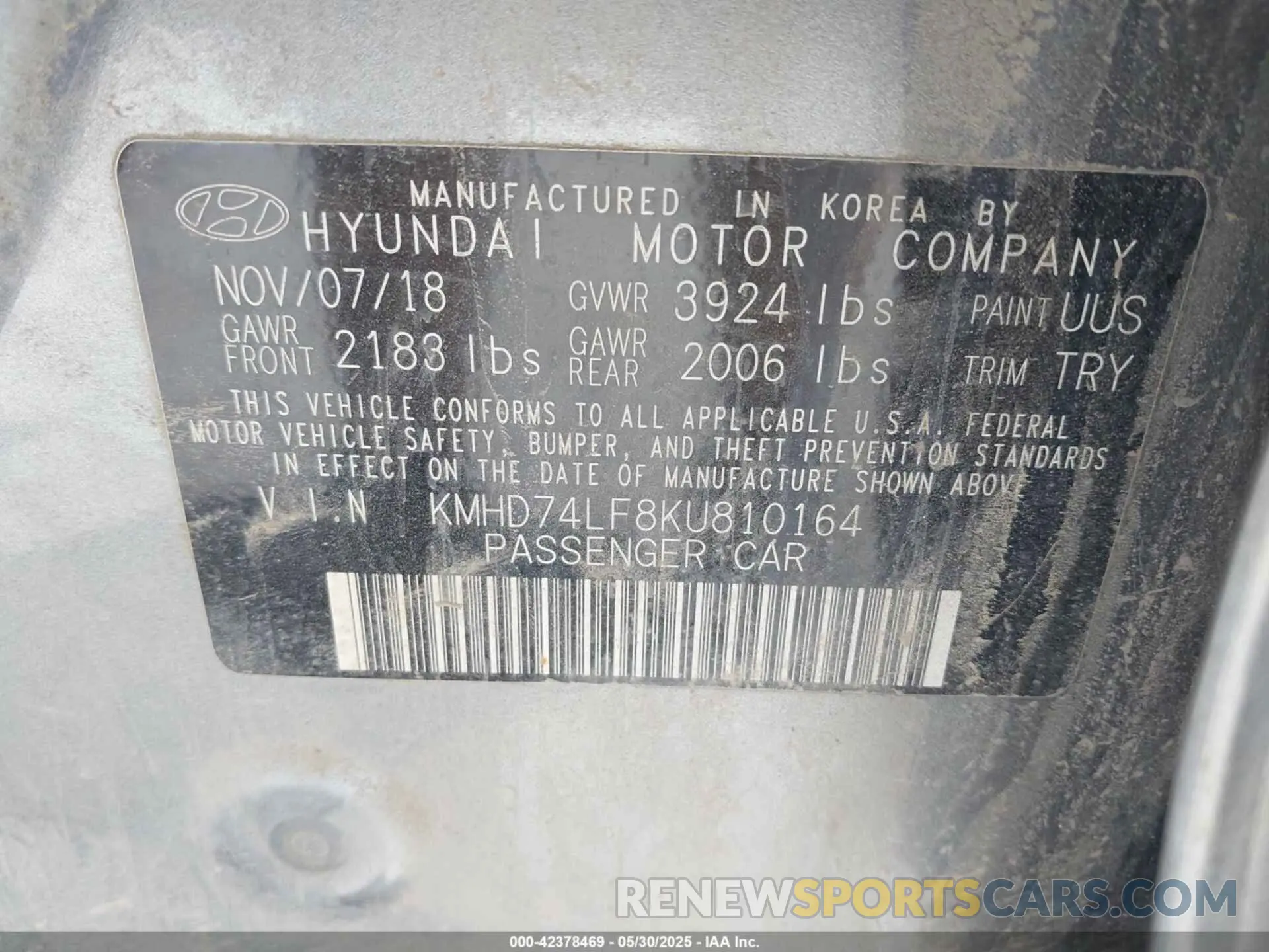 9 Photograph of a damaged car KMHD74LF8KU810164 HYUNDAI ELANTRA 2019