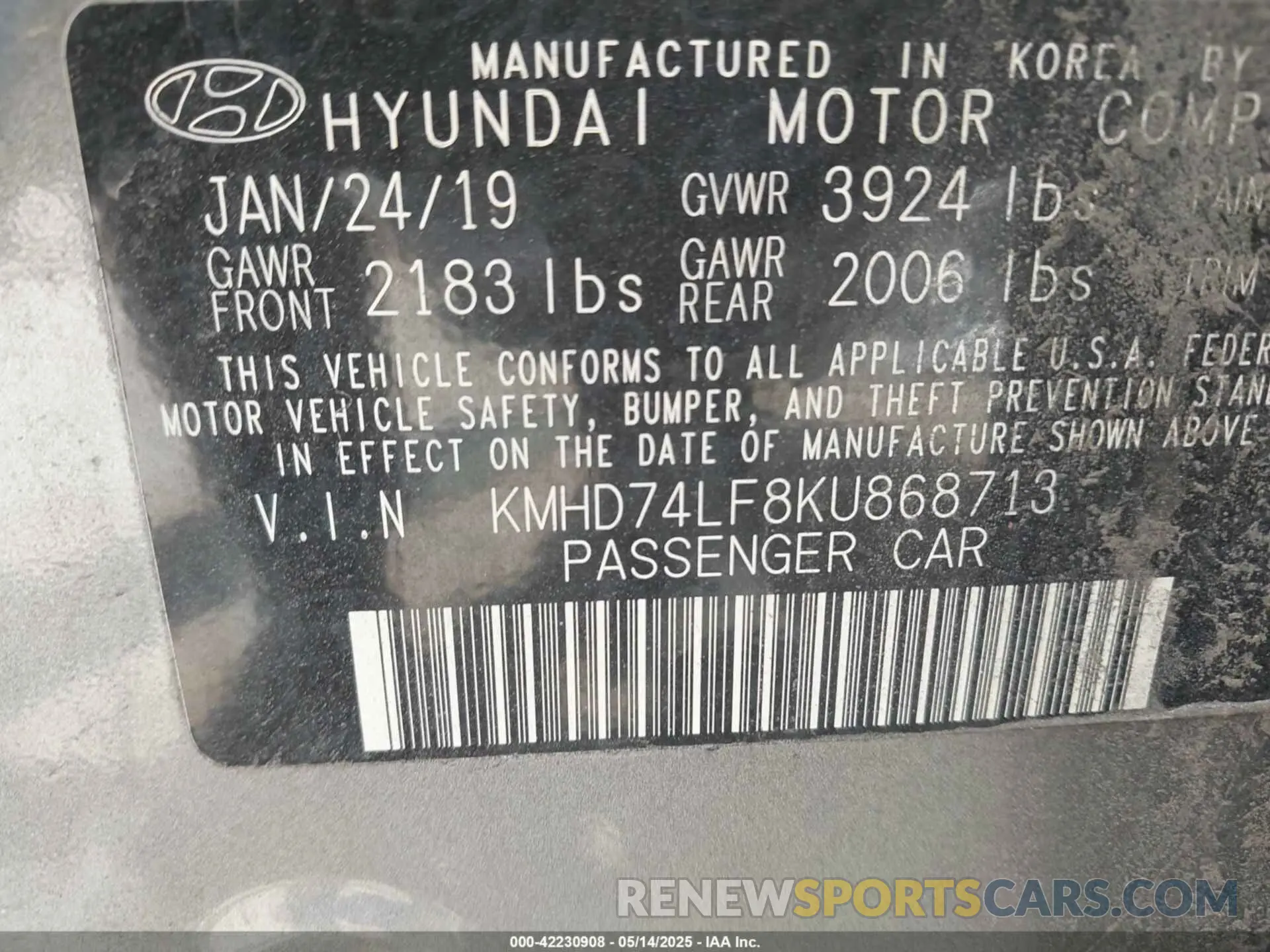 9 Photograph of a damaged car KMHD74LF8KU868713 HYUNDAI ELANTRA 2019
