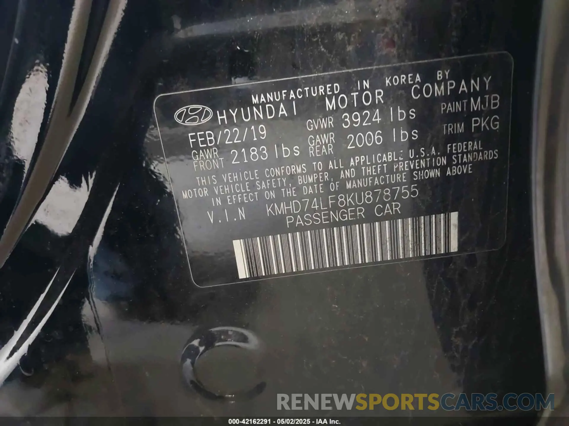 9 Photograph of a damaged car KMHD74LF8KU878755 HYUNDAI ELANTRA 2019