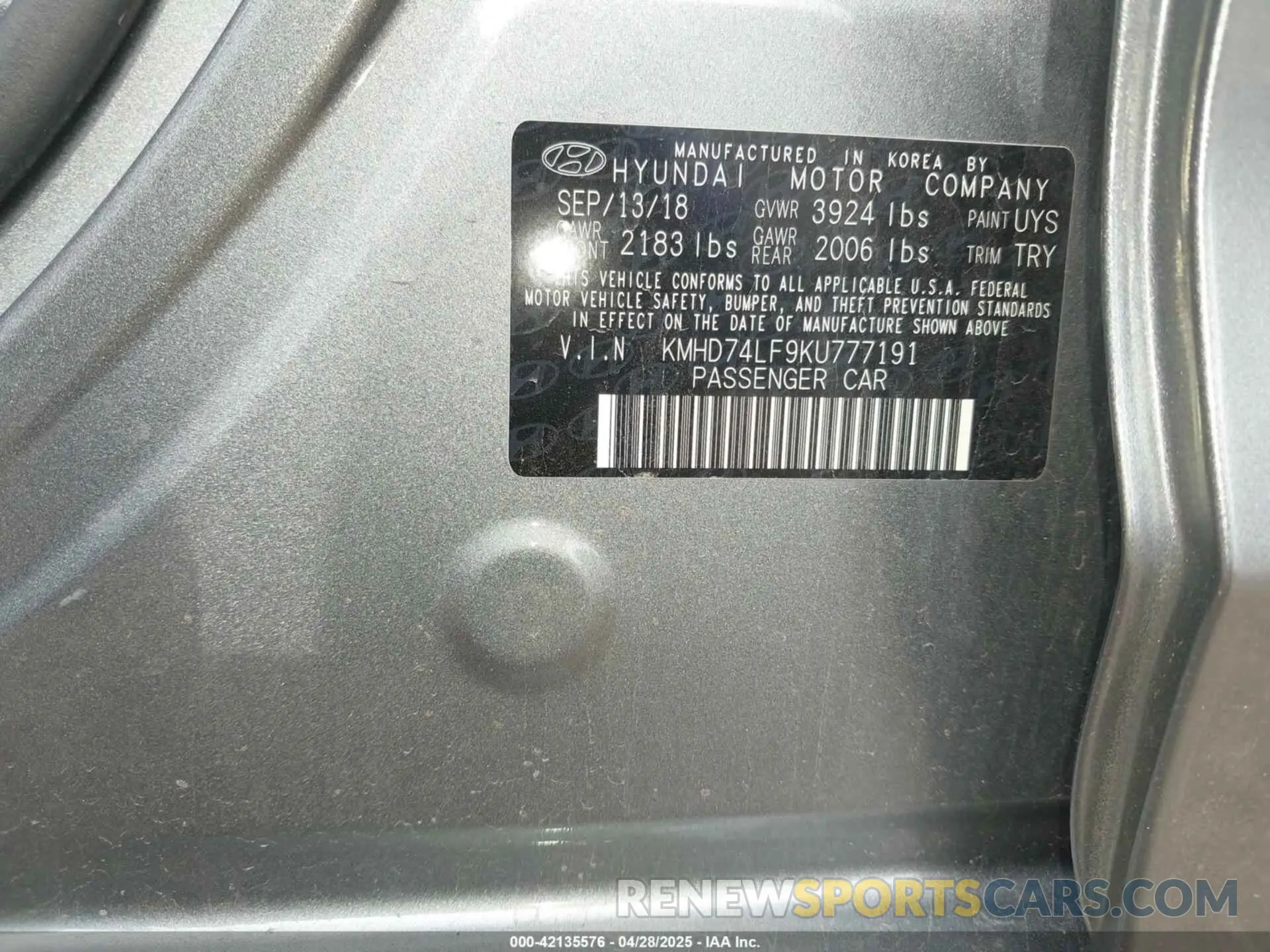 9 Photograph of a damaged car KMHD74LF9KU777191 HYUNDAI ELANTRA 2019
