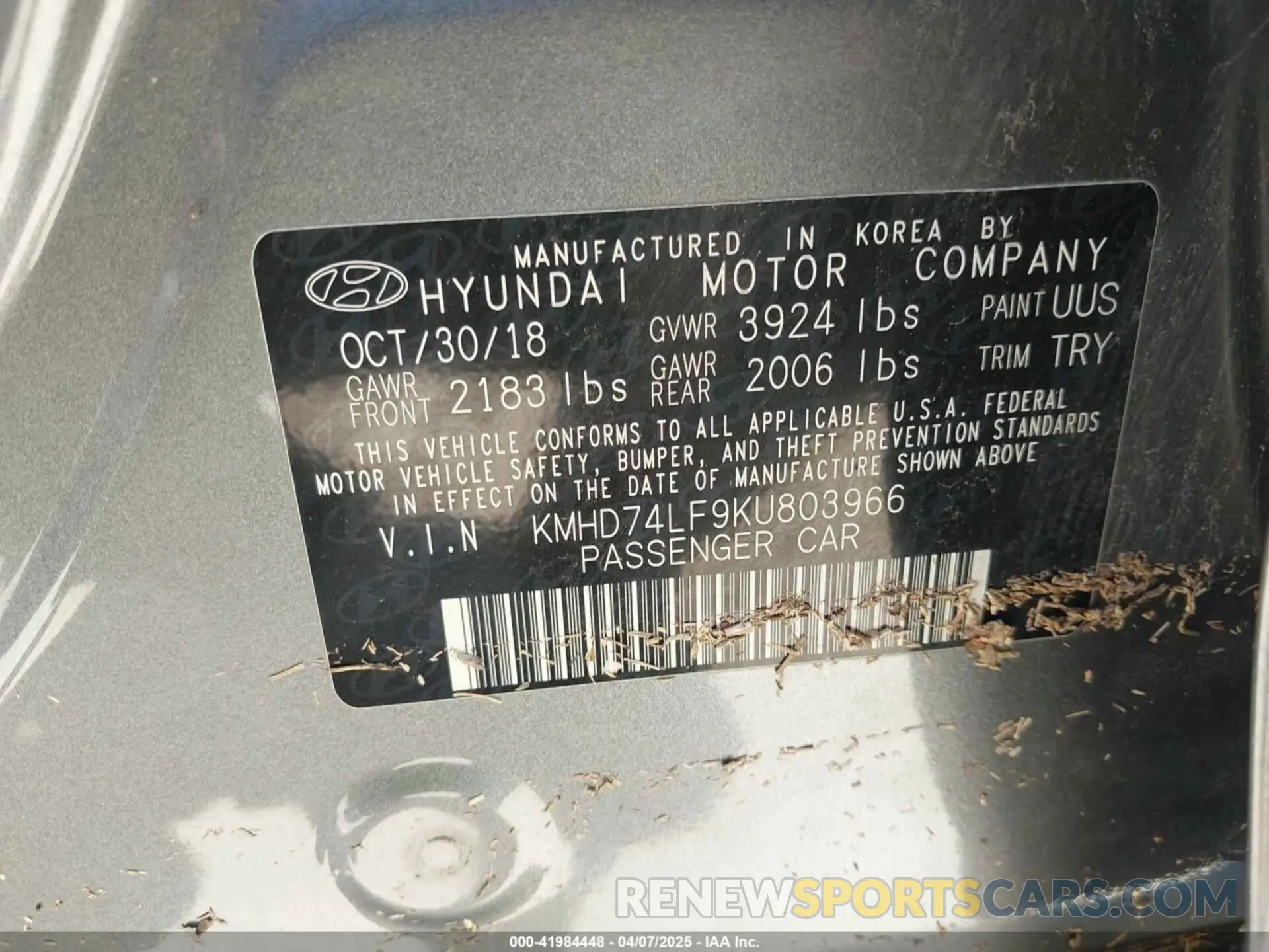 9 Photograph of a damaged car KMHD74LF9KU803966 HYUNDAI ELANTRA 2019