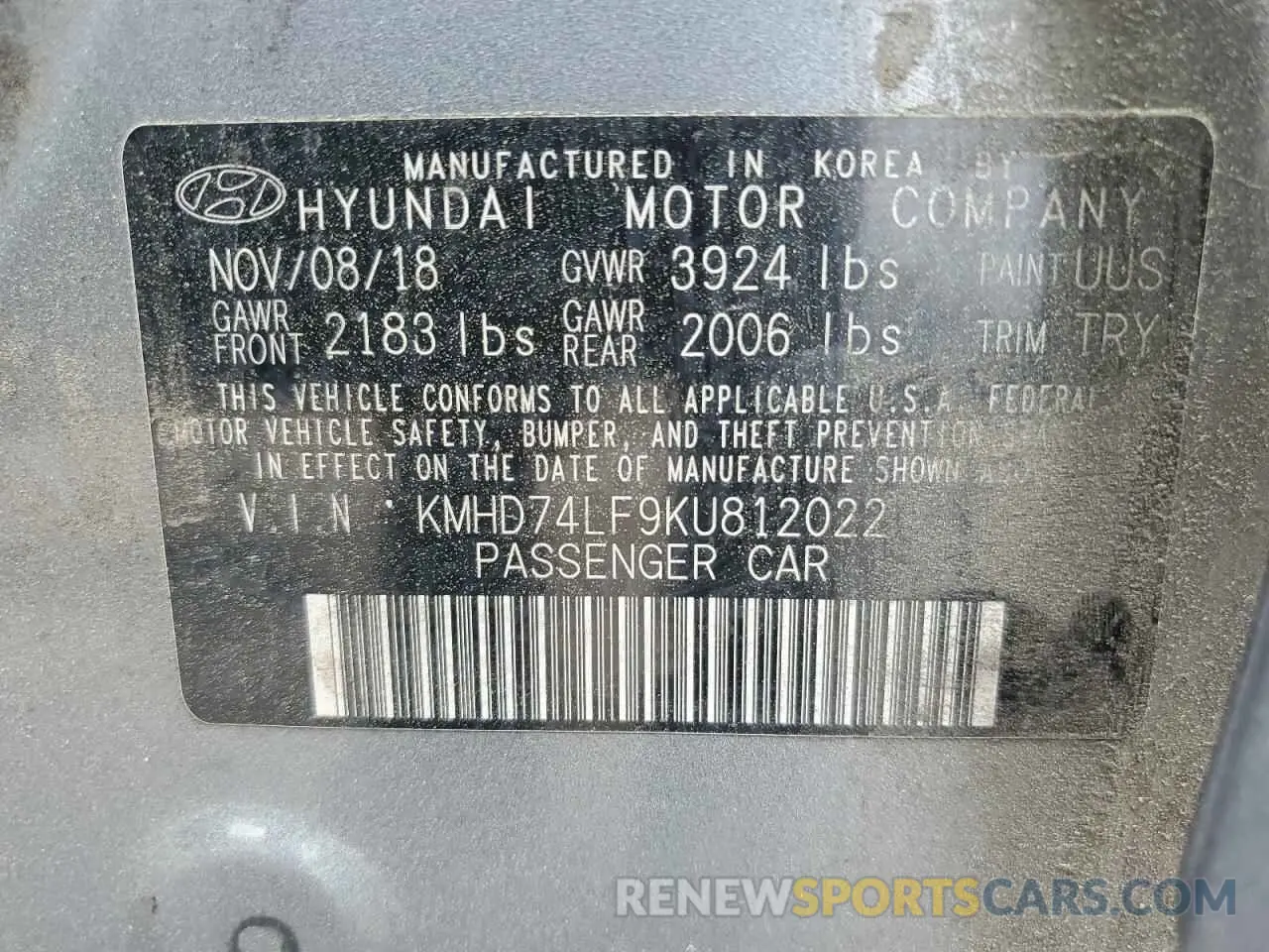 13 Photograph of a damaged car KMHD74LF9KU812022 HYUNDAI ELANTRA 2019