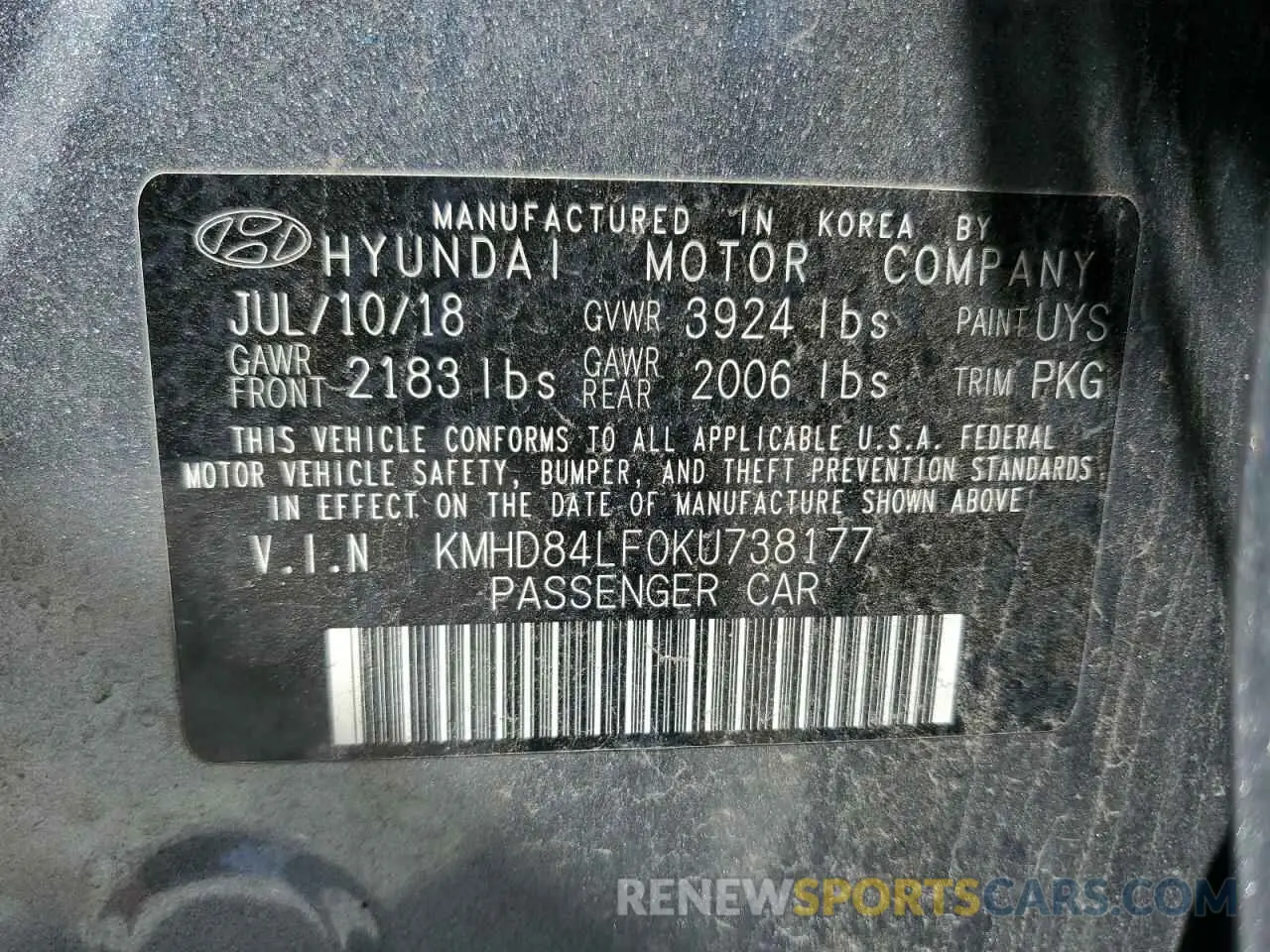 12 Photograph of a damaged car KMHD84LF0KU738177 HYUNDAI ELANTRA 2019
