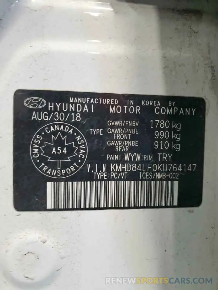 13 Photograph of a damaged car KMHD84LF0KU764147 HYUNDAI ELANTRA 2019