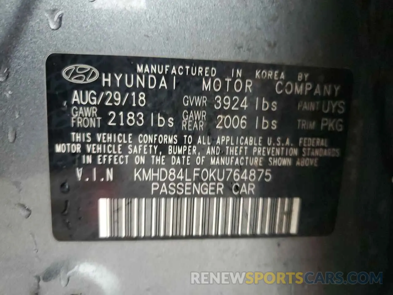 15 Photograph of a damaged car KMHD84LF0KU764875 HYUNDAI ELANTRA 2019