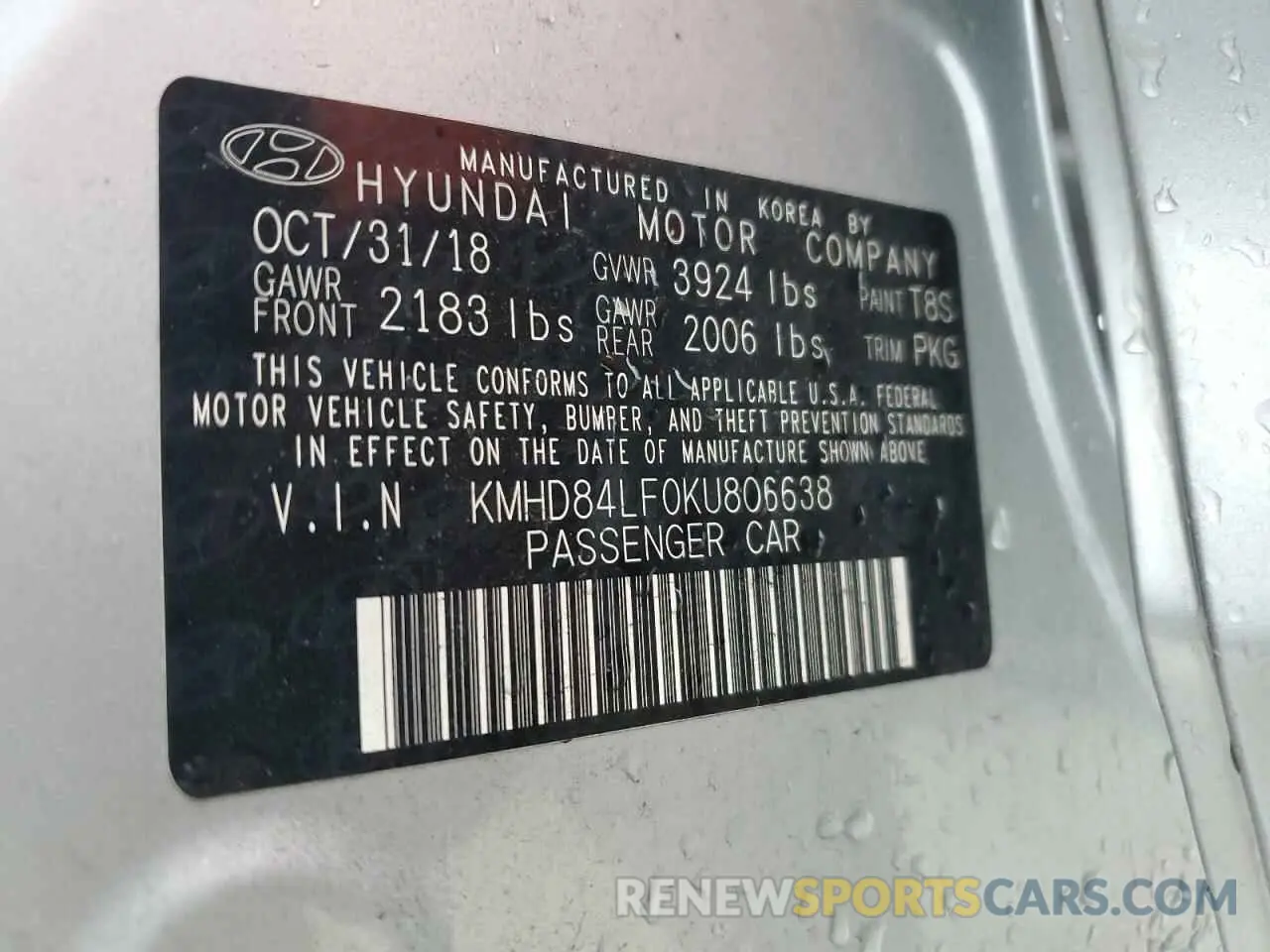 12 Photograph of a damaged car KMHD84LF0KU806638 HYUNDAI ELANTRA 2019