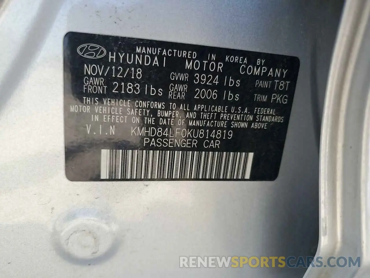 12 Photograph of a damaged car KMHD84LF0KU814819 HYUNDAI ELANTRA 2019