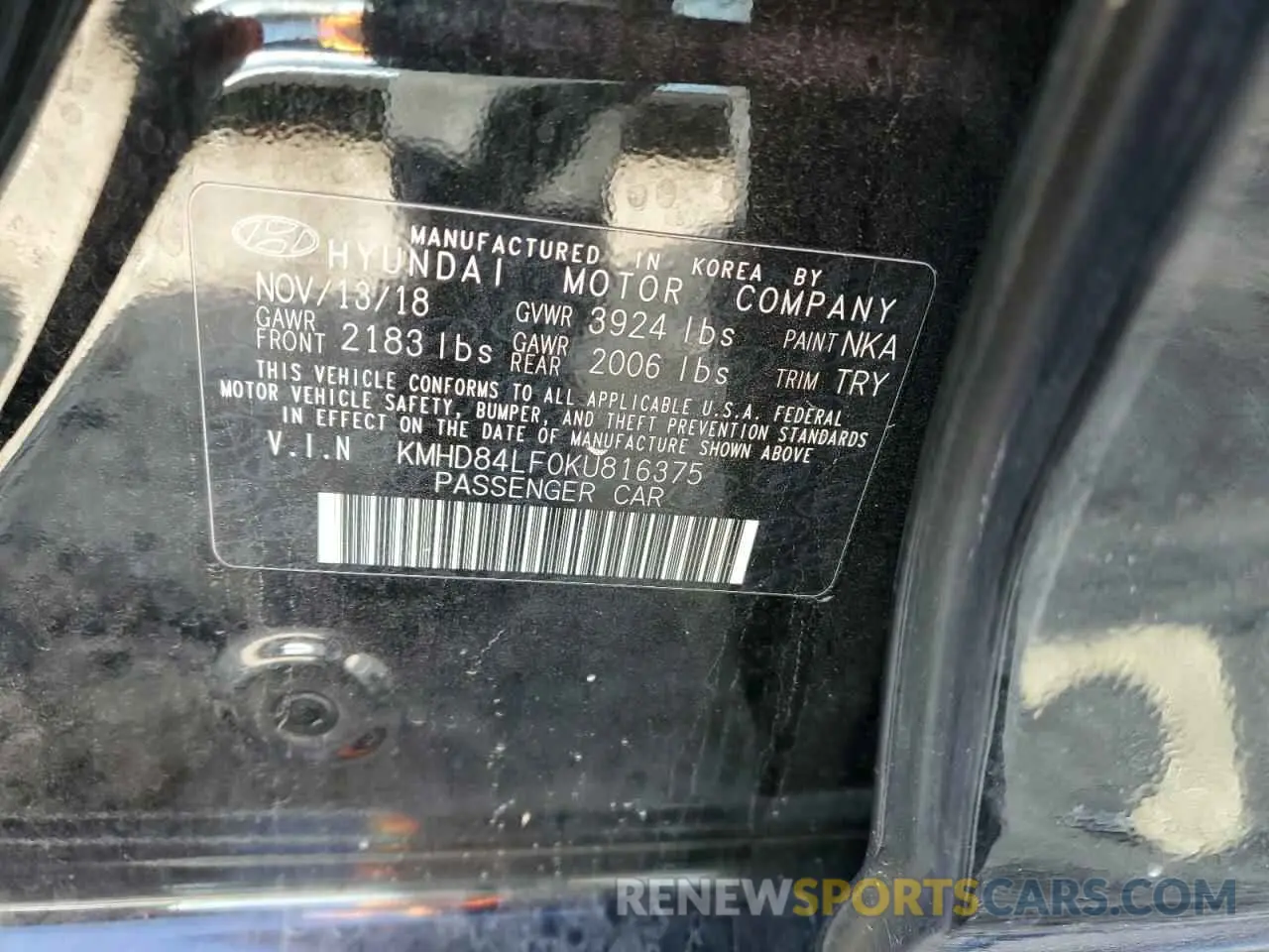 12 Photograph of a damaged car KMHD84LF0KU816375 HYUNDAI ELANTRA 2019