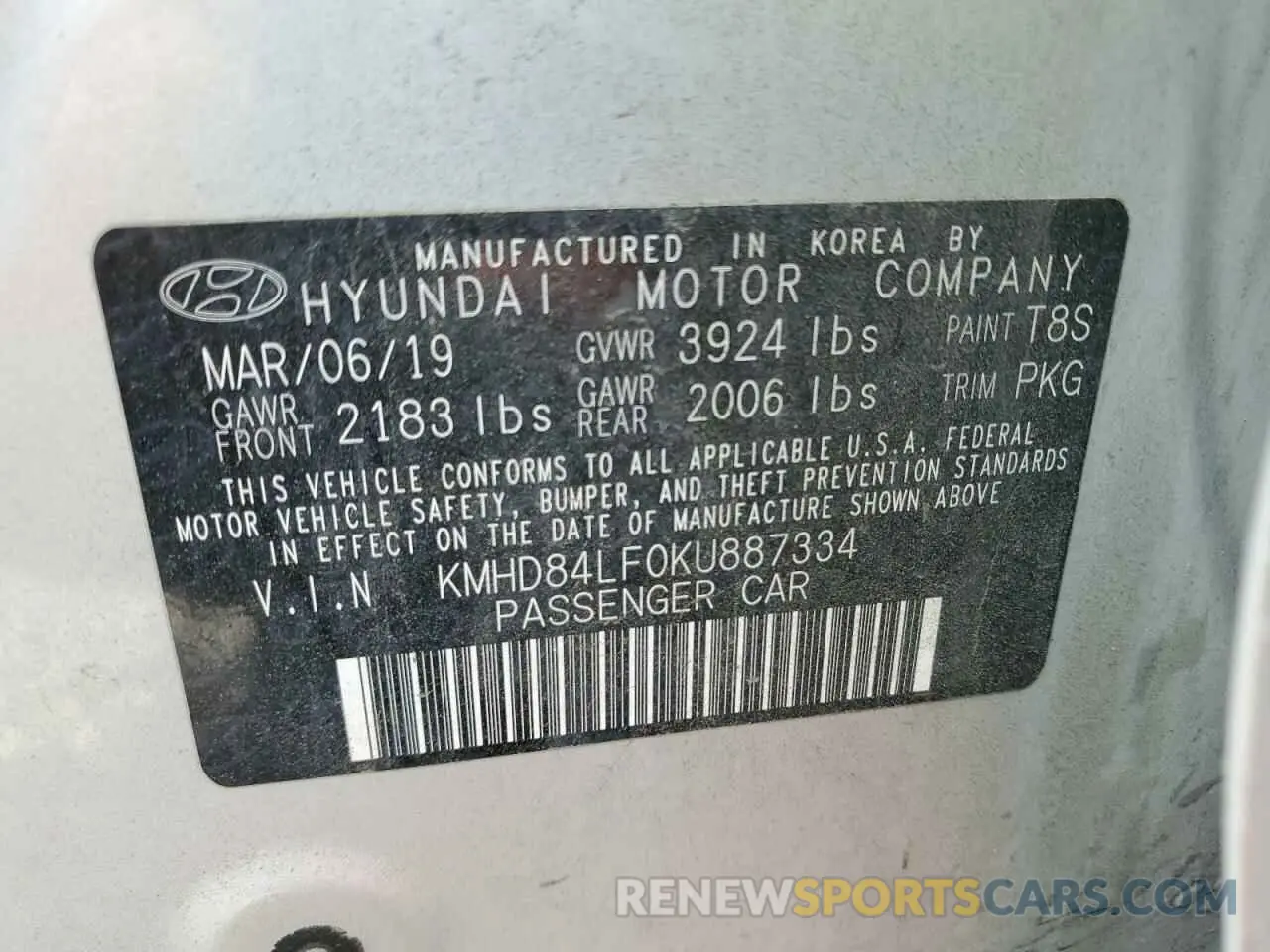 14 Photograph of a damaged car KMHD84LF0KU887334 HYUNDAI ELANTRA 2019
