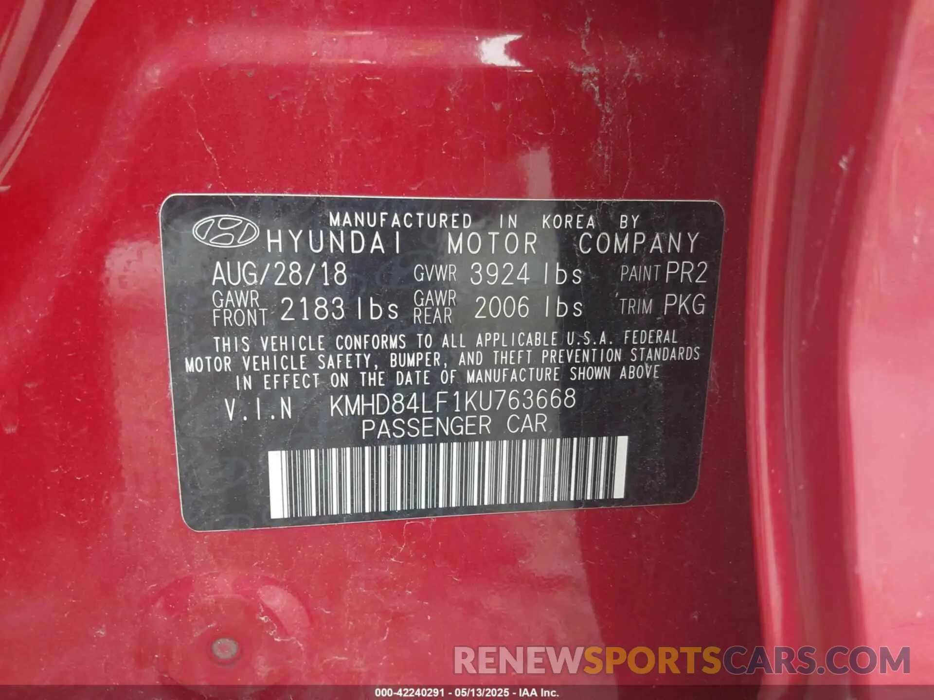 9 Photograph of a damaged car KMHD84LF1KU763668 HYUNDAI ELANTRA 2019