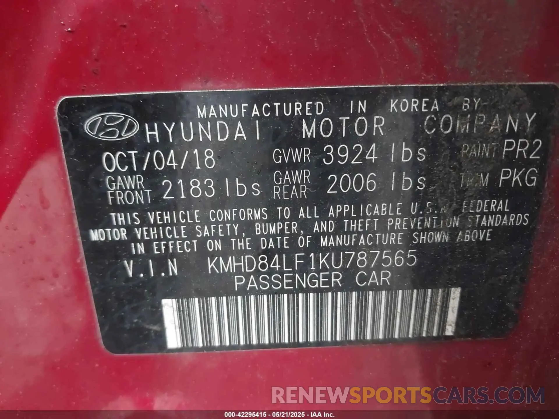 9 Photograph of a damaged car KMHD84LF1KU787565 HYUNDAI ELANTRA 2019