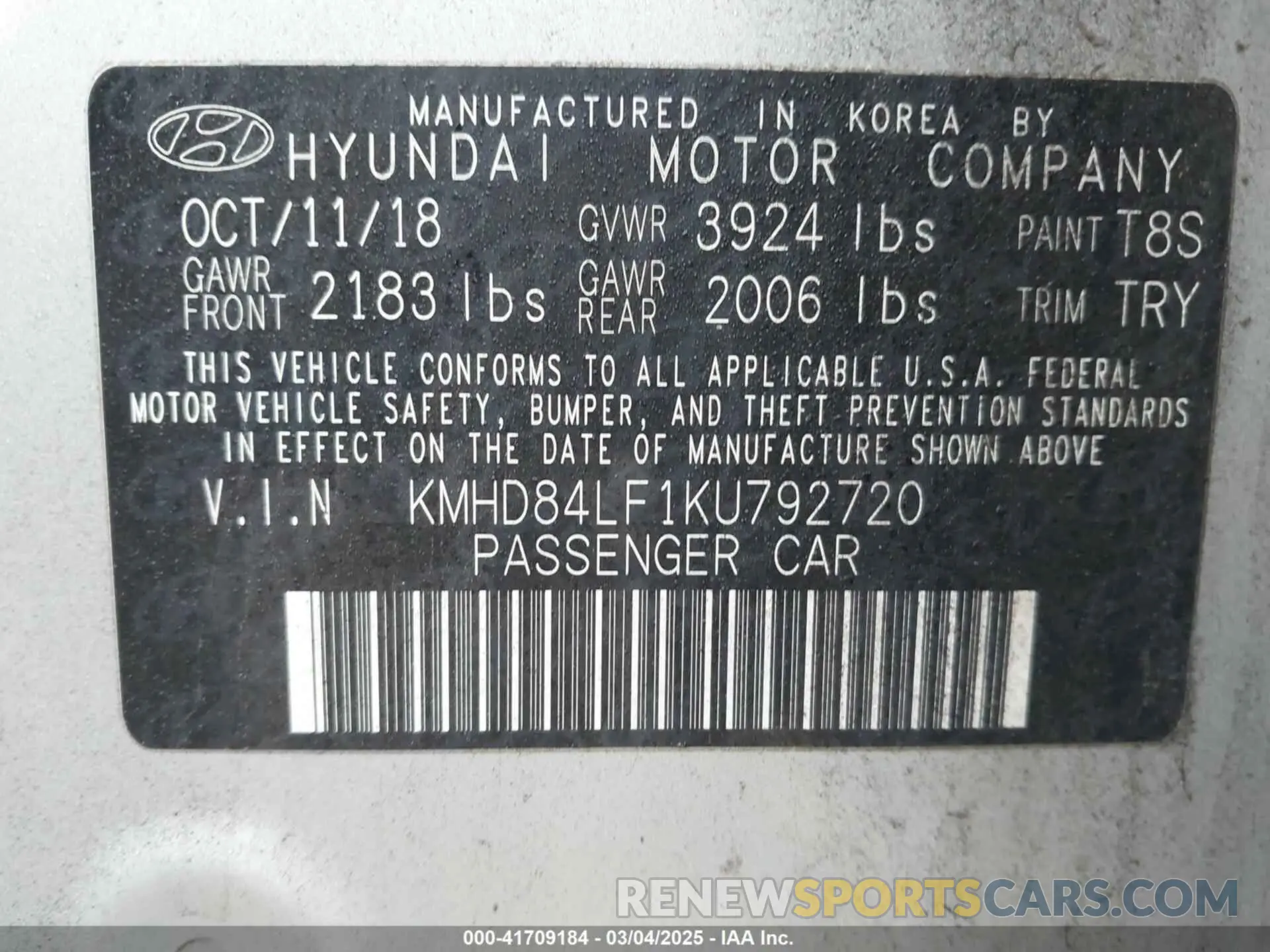 9 Photograph of a damaged car KMHD84LF1KU792720 HYUNDAI ELANTRA 2019