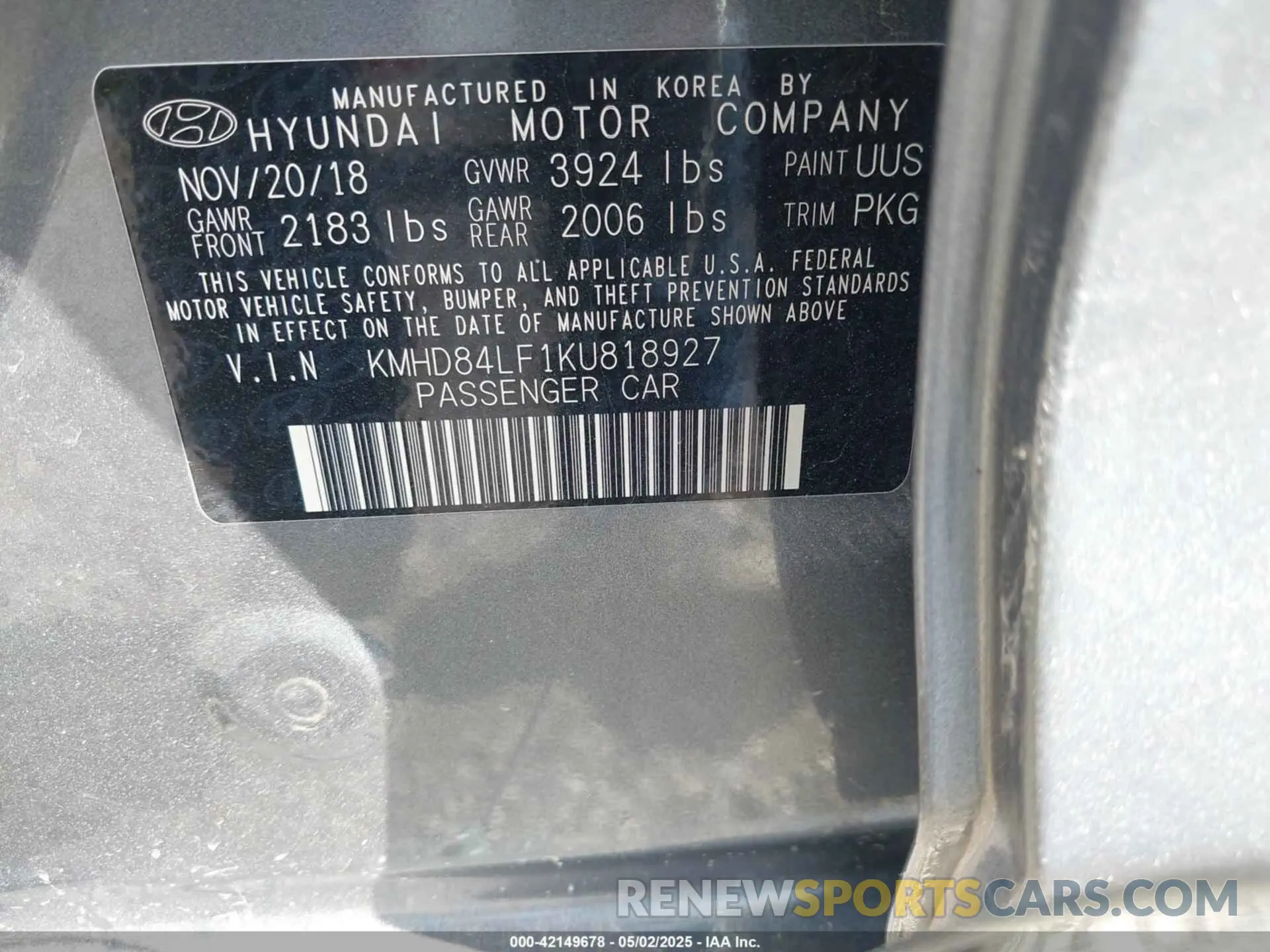 9 Photograph of a damaged car KMHD84LF1KU818927 HYUNDAI ELANTRA 2019