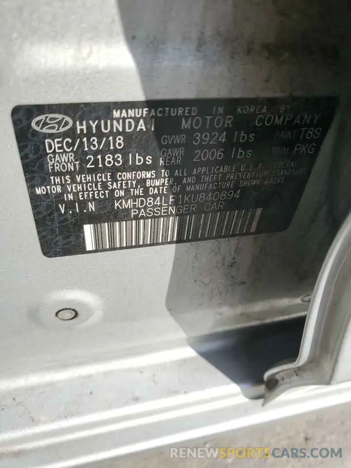 13 Photograph of a damaged car KMHD84LF1KU840894 HYUNDAI ELANTRA 2019