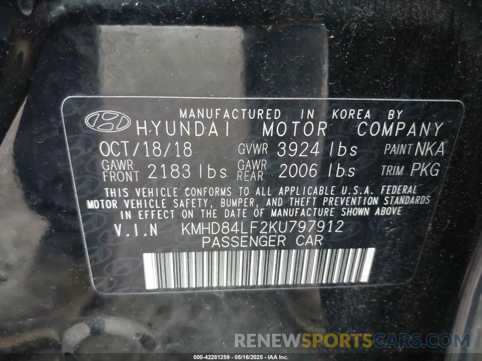 9 Photograph of a damaged car KMHD84LF2KU797912 HYUNDAI ELANTRA 2019