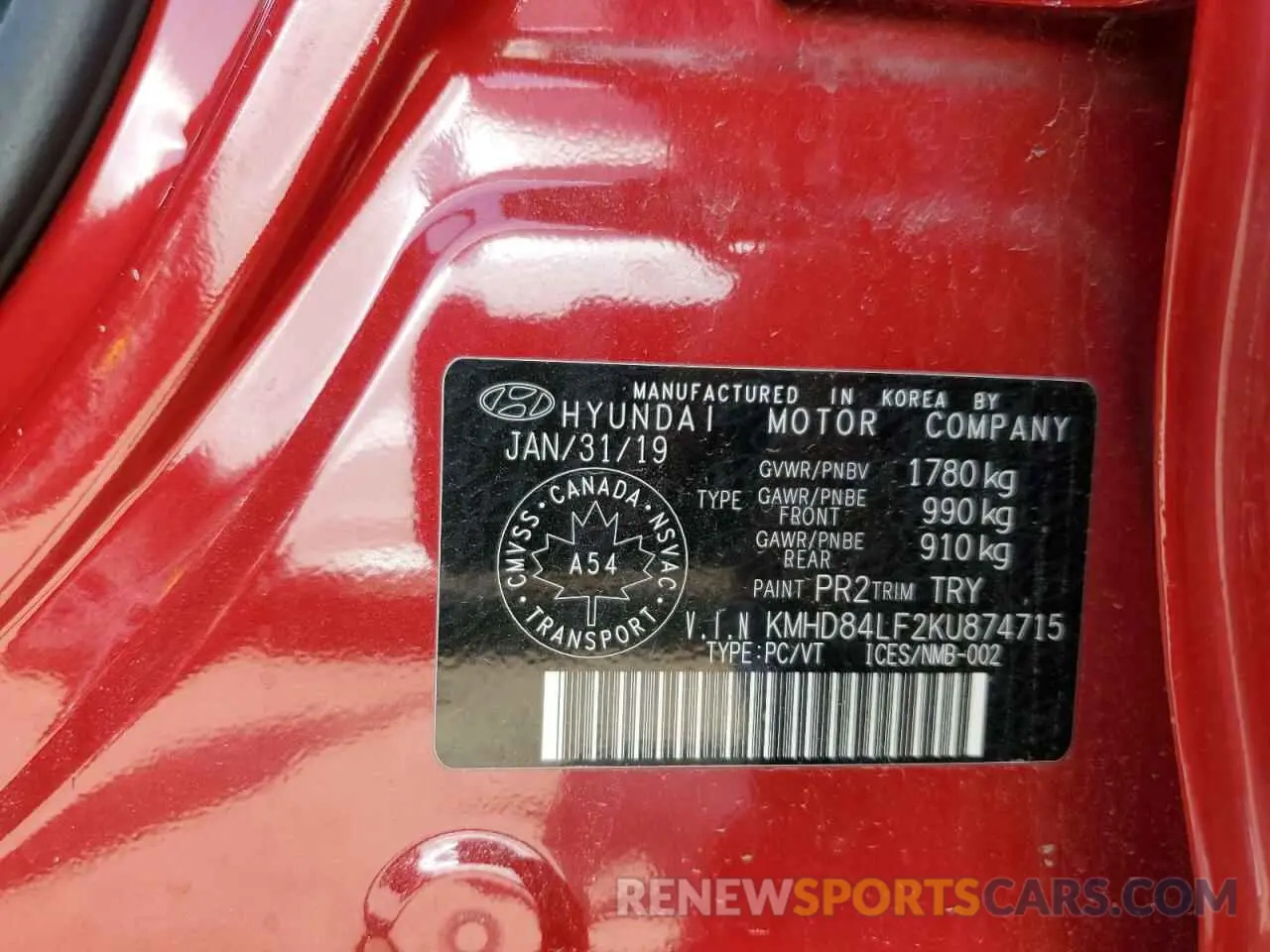 12 Photograph of a damaged car KMHD84LF2KU874715 HYUNDAI ELANTRA 2019