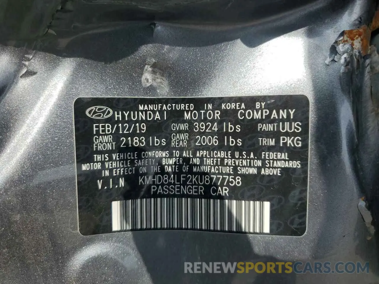 12 Photograph of a damaged car KMHD84LF2KU877758 HYUNDAI ELANTRA 2019