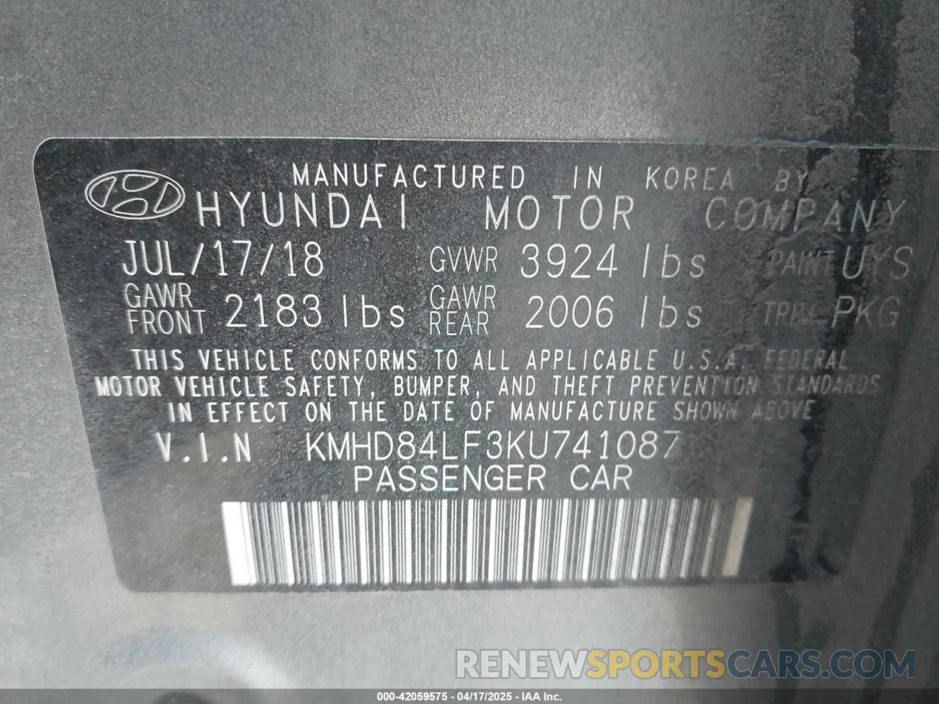 9 Photograph of a damaged car KMHD84LF3KU741087 HYUNDAI ELANTRA 2019