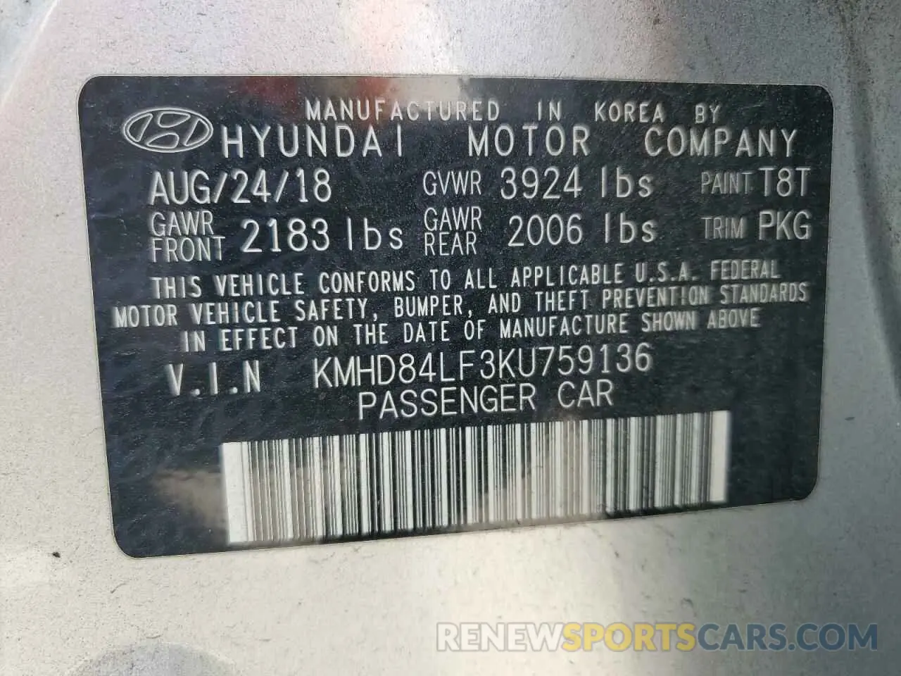 13 Photograph of a damaged car KMHD84LF3KU759136 HYUNDAI ELANTRA 2019