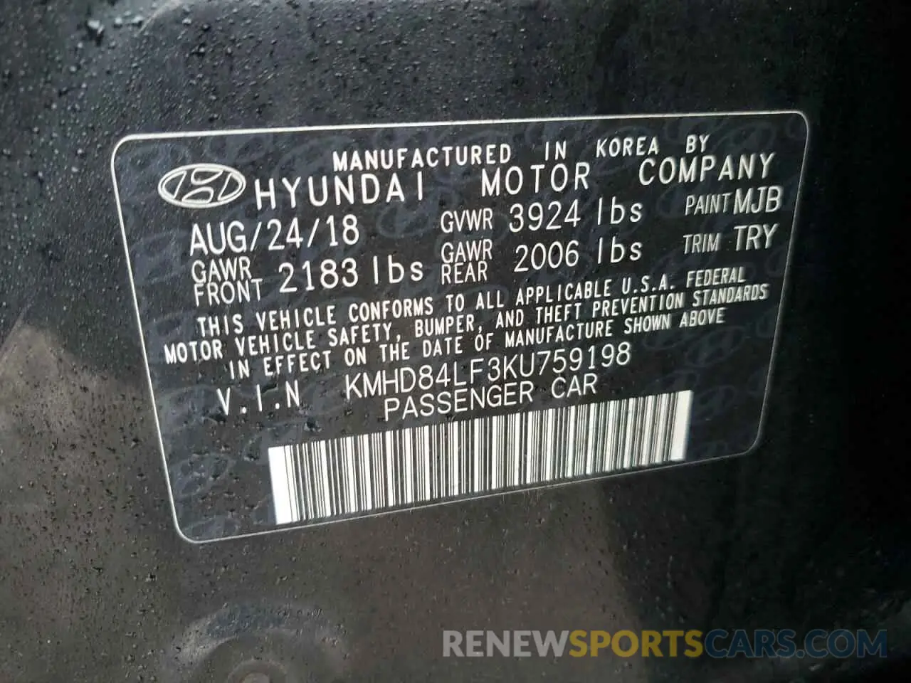 13 Photograph of a damaged car KMHD84LF3KU759198 HYUNDAI ELANTRA 2019
