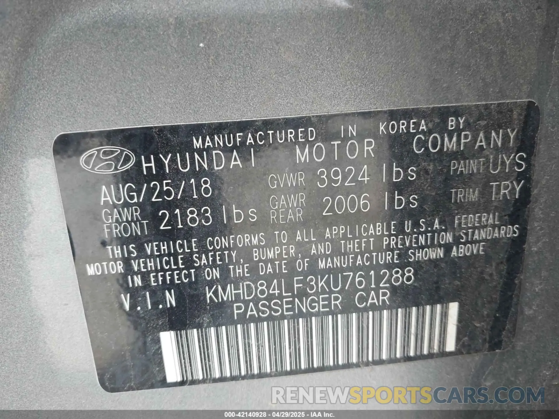 9 Photograph of a damaged car KMHD84LF3KU761288 HYUNDAI ELANTRA 2019
