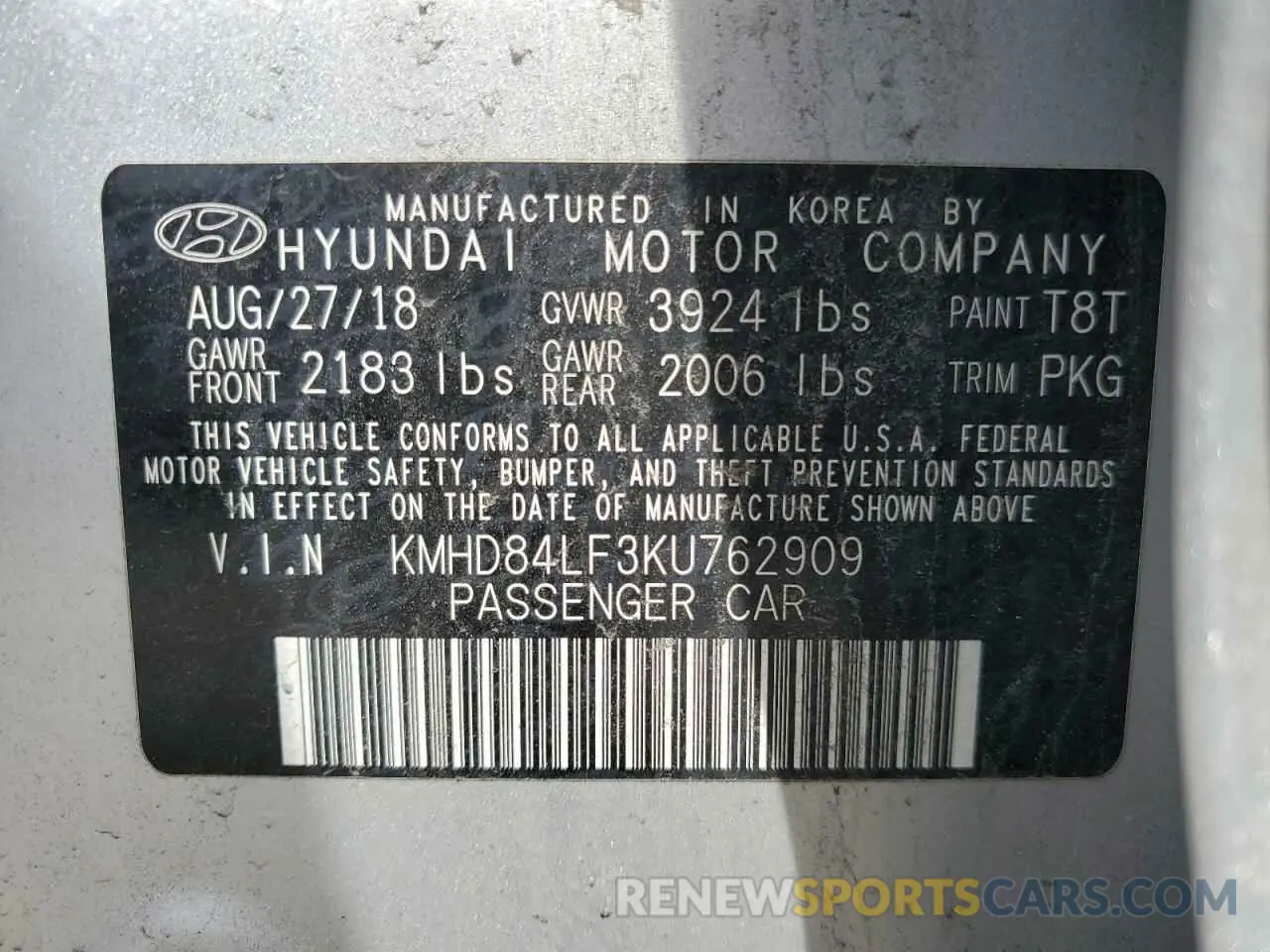 12 Photograph of a damaged car KMHD84LF3KU762909 HYUNDAI ELANTRA 2019