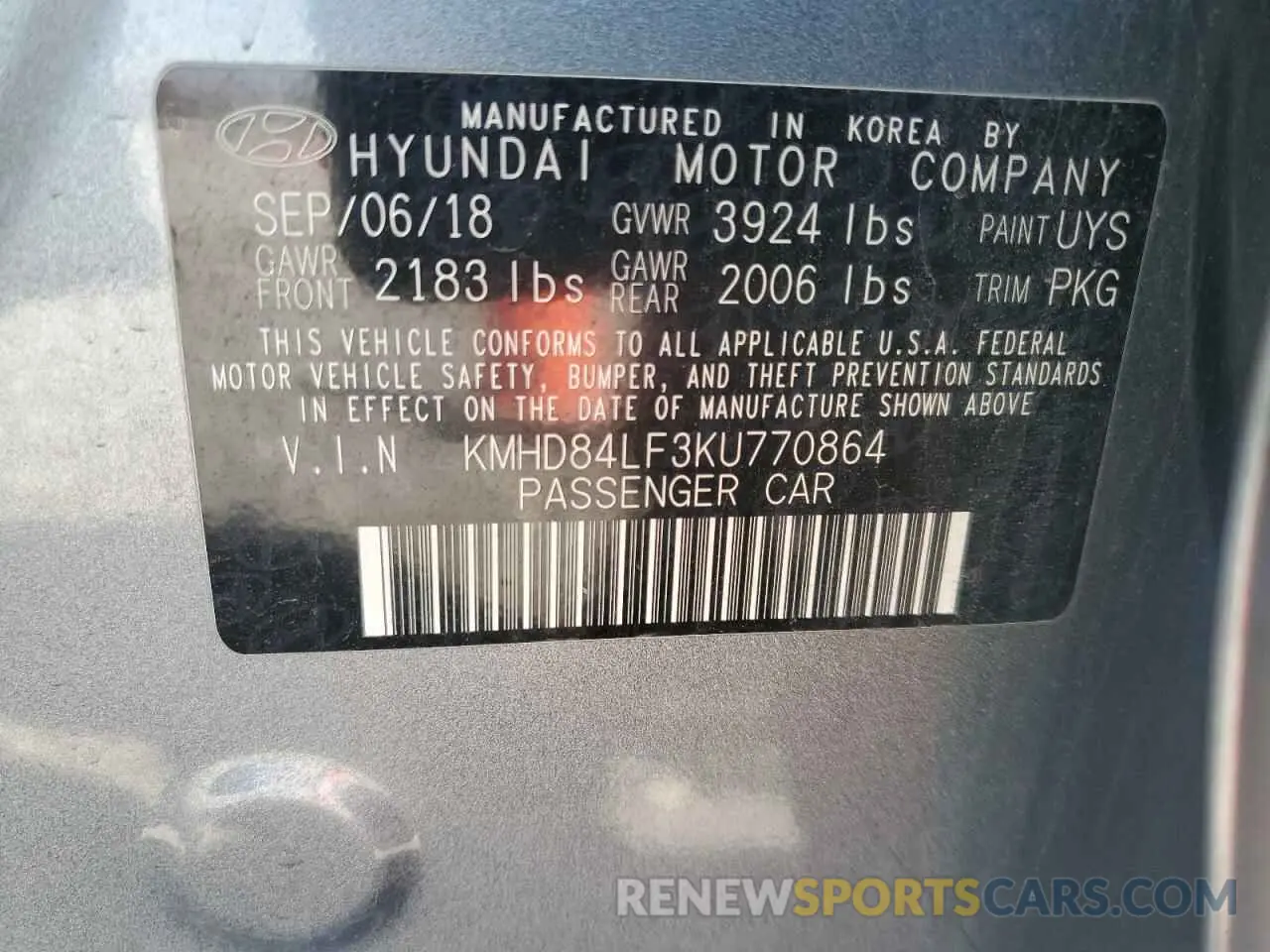 13 Photograph of a damaged car KMHD84LF3KU770864 HYUNDAI ELANTRA 2019