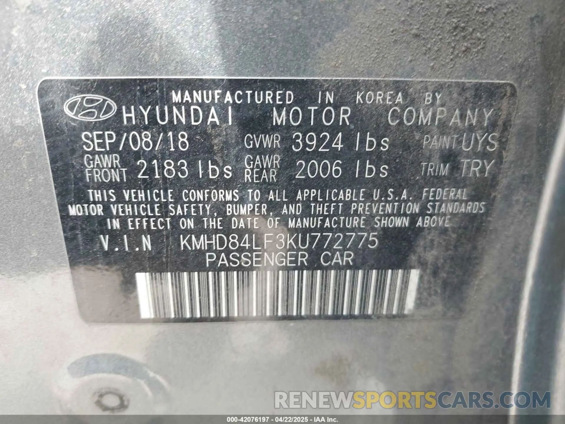 9 Photograph of a damaged car KMHD84LF3KU772775 HYUNDAI ELANTRA 2019