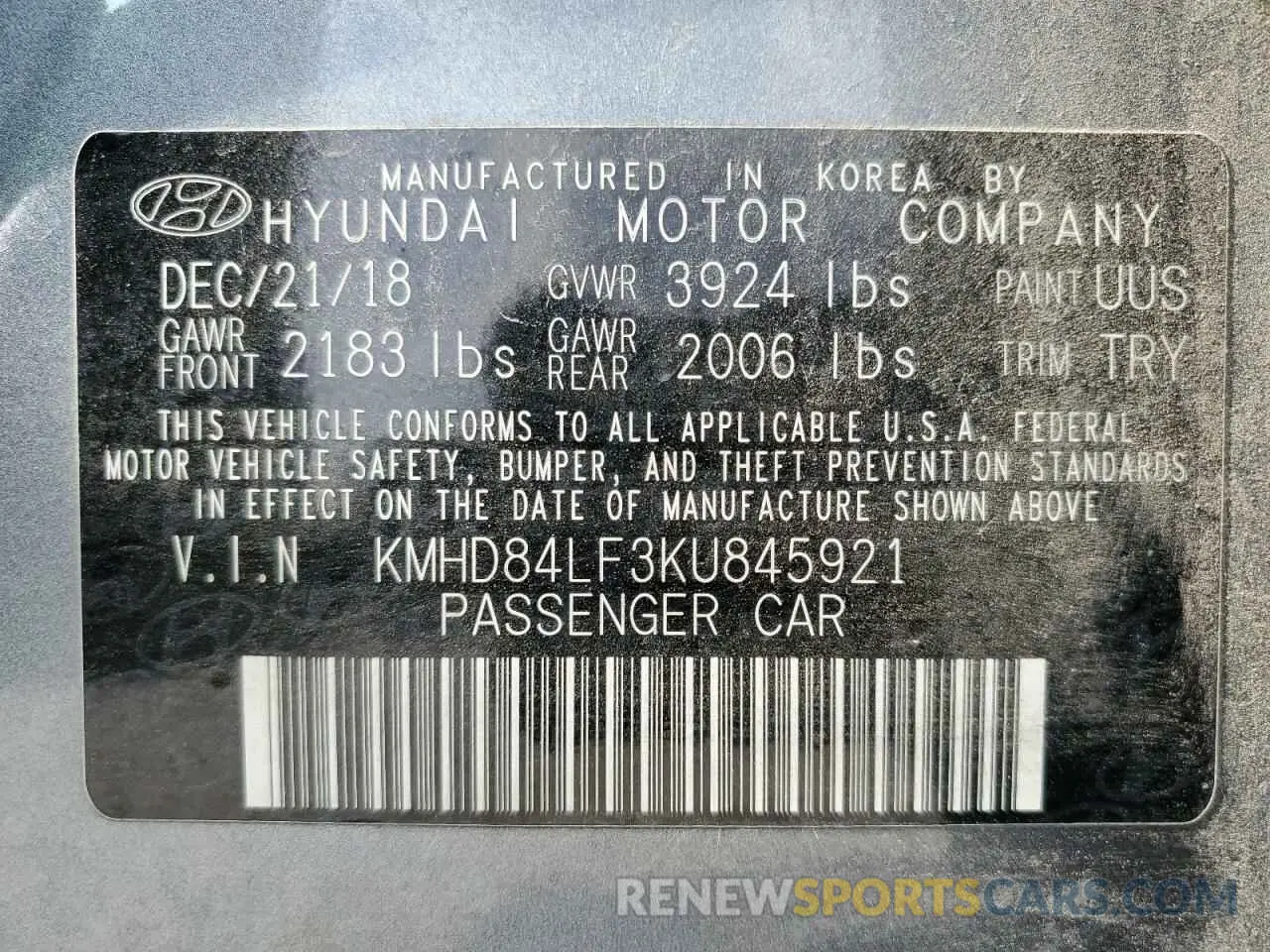 12 Photograph of a damaged car KMHD84LF3KU845921 HYUNDAI ELANTRA 2019