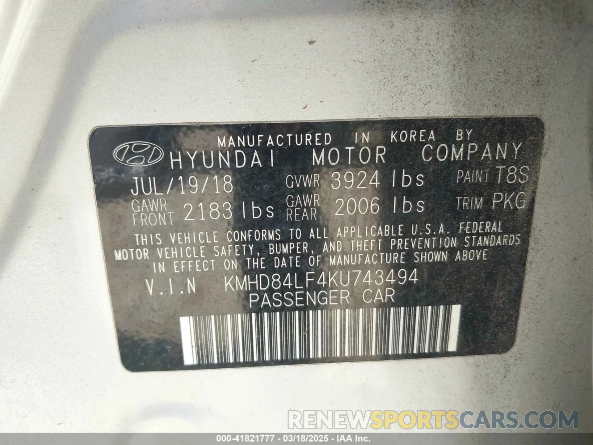 9 Photograph of a damaged car KMHD84LF4KU743494 HYUNDAI ELANTRA 2019