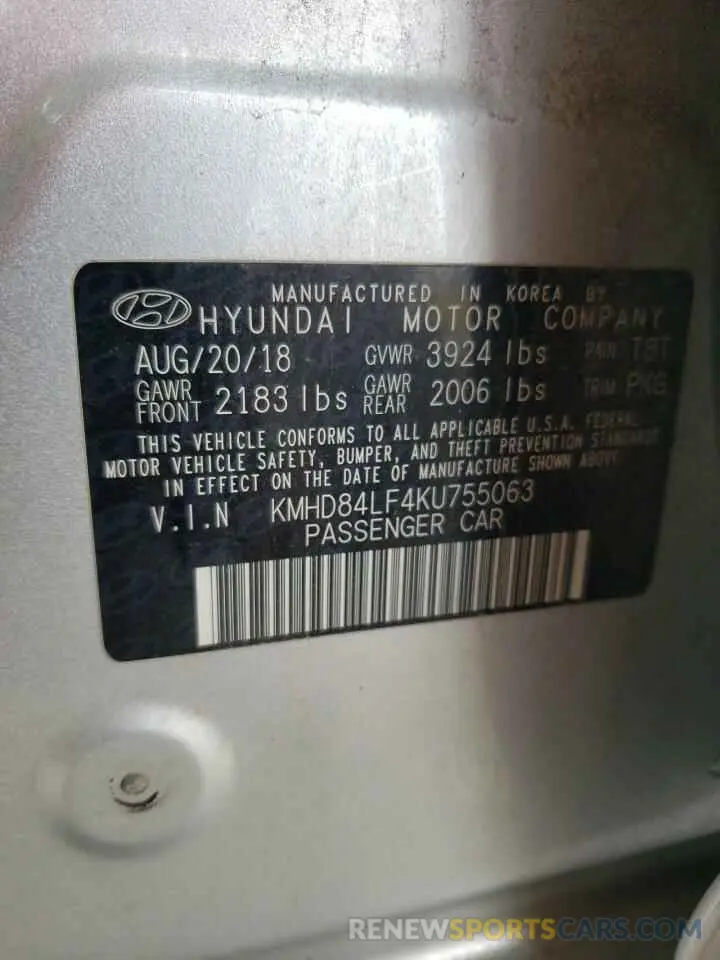13 Photograph of a damaged car KMHD84LF4KU755063 HYUNDAI ELANTRA 2019