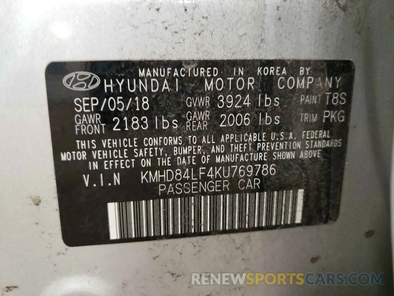 12 Photograph of a damaged car KMHD84LF4KU769786 HYUNDAI ELANTRA 2019