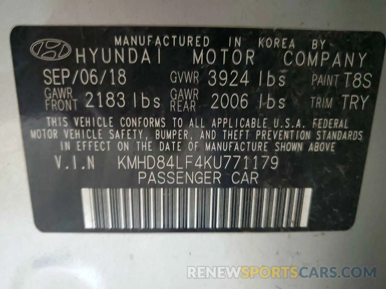 12 Photograph of a damaged car KMHD84LF4KU771179 HYUNDAI ELANTRA 2019