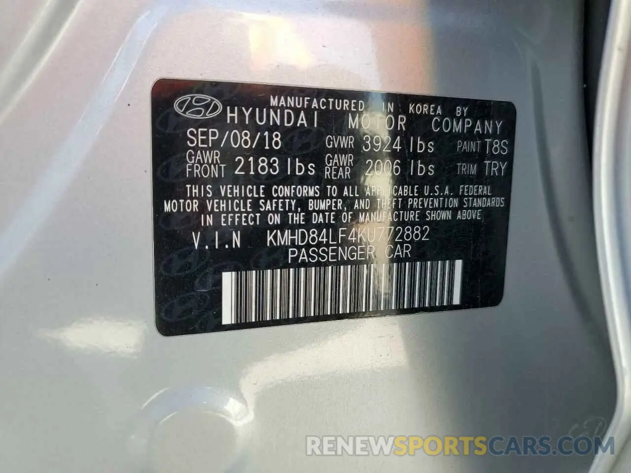 13 Photograph of a damaged car KMHD84LF4KU772882 HYUNDAI ELANTRA 2019