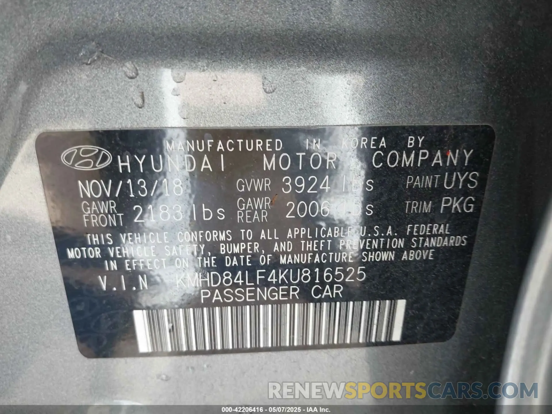 9 Photograph of a damaged car KMHD84LF4KU816525 HYUNDAI ELANTRA 2019